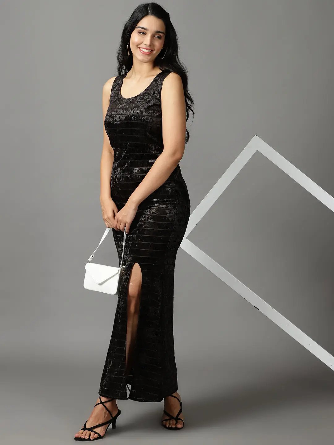Women's Black Striped Sheath Maxi Dress