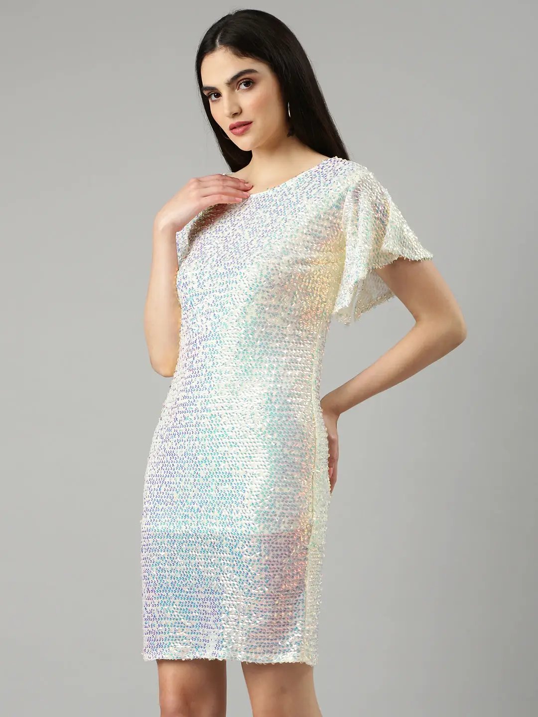 Shop Women's Yellow Sequin Embellished Flutter Sleeves Bodycon Dress| Showoffff Shop Women's Yellow Sequin Embellished Flutter Sleeves Bodycon Dress| Showoffff