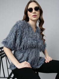 Women's Grey Self Design V-Neck Fringed Blouson Top