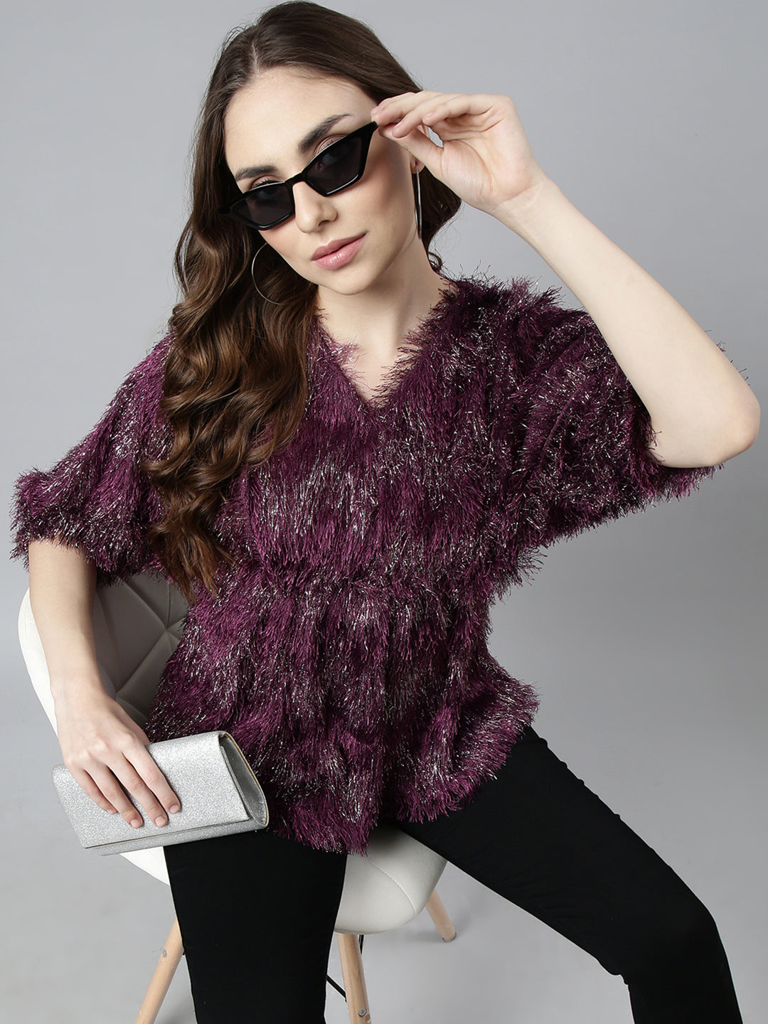 Women Purple Solid Cinched Waist Top