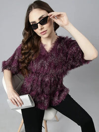 Women's Purple Abstract Printed Kimono Sleeve Empire Top