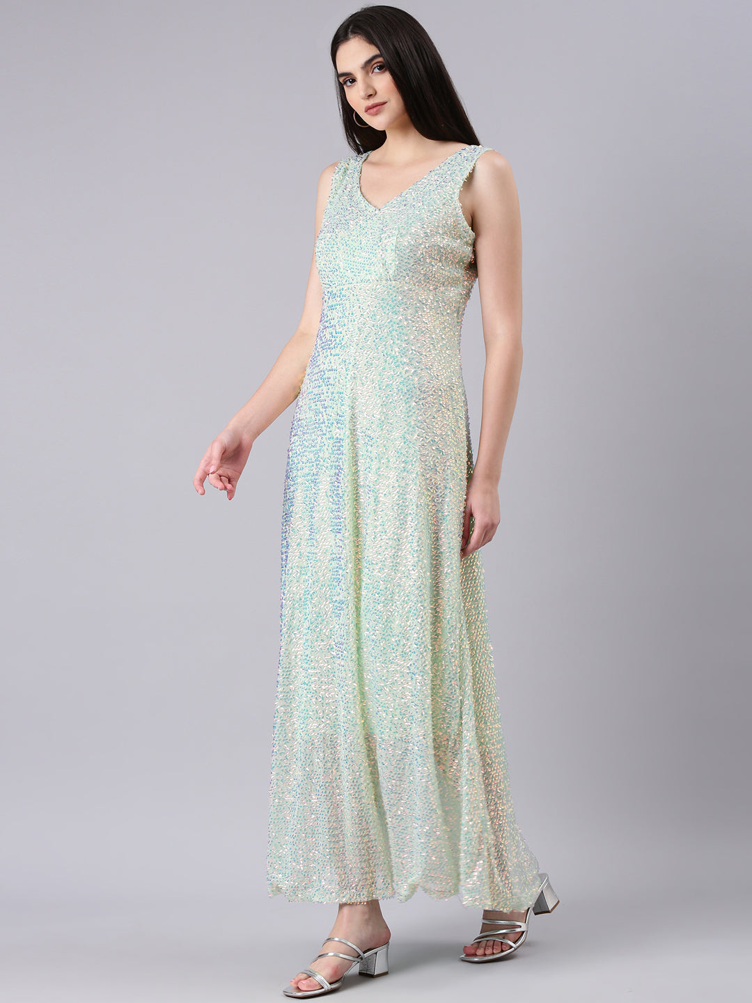 Women Sea Green Embellished A-Line Dress