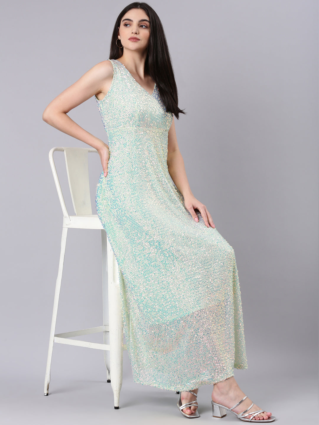 Women Sea Green Embellished A-Line Dress