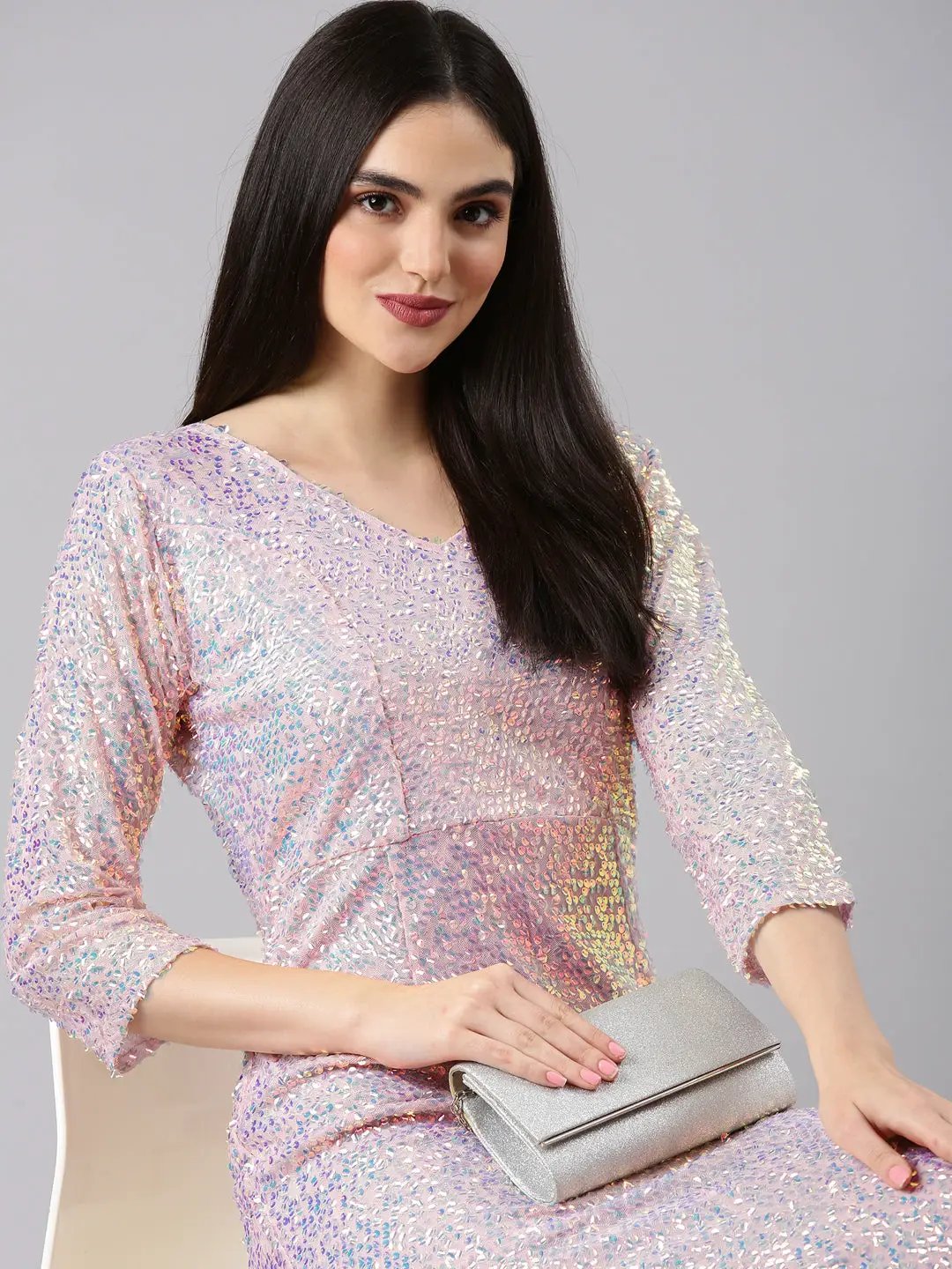 Women's Pink Embellished Sequinned Bodycon Dress