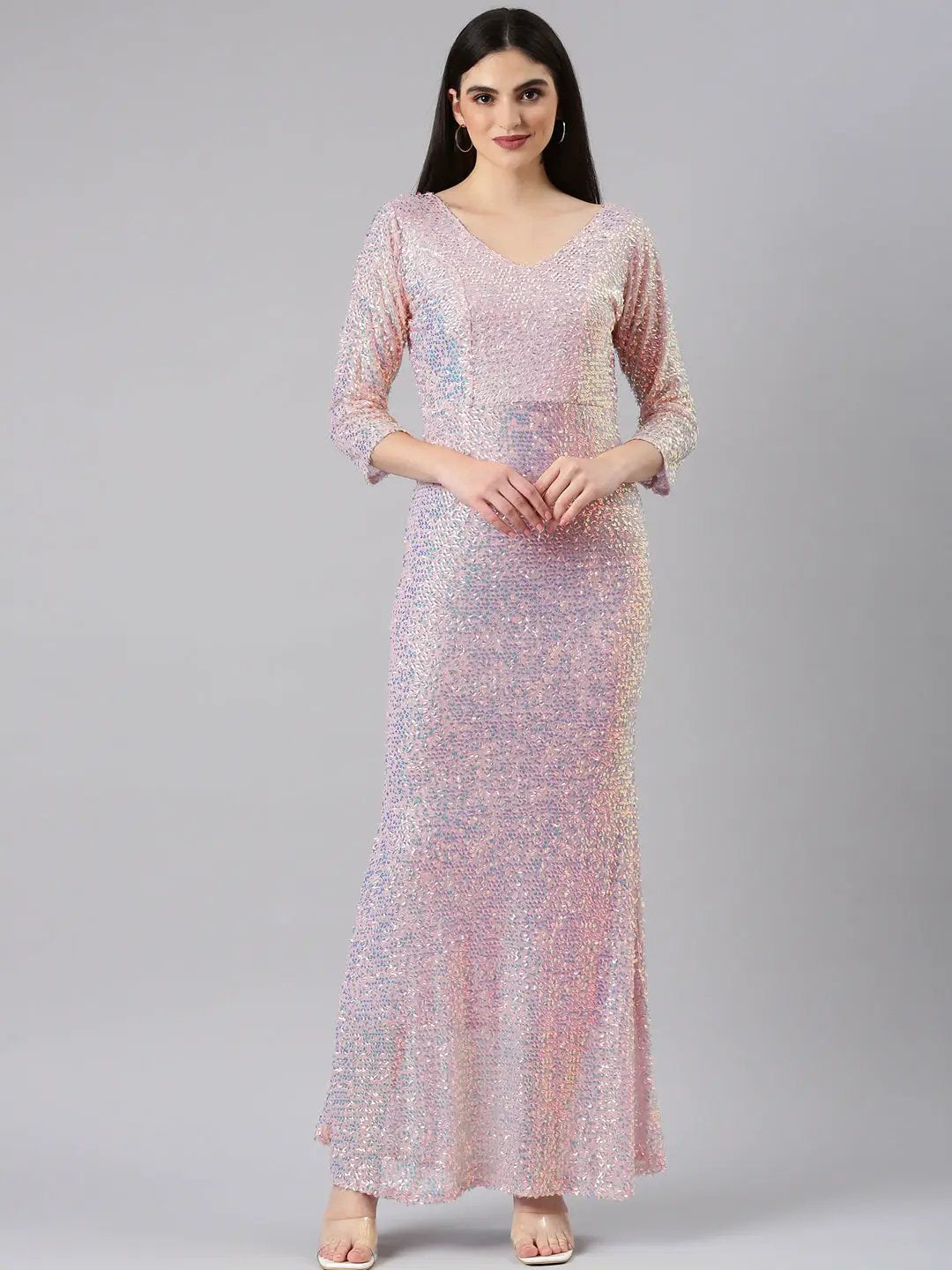 Women's Pink Embellished Sequinned Bodycon Dress