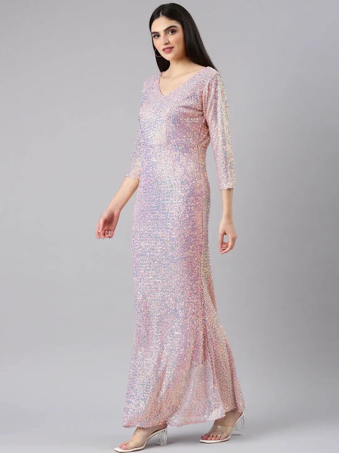 Women's Pink Embellished Sequinned Bodycon Dress