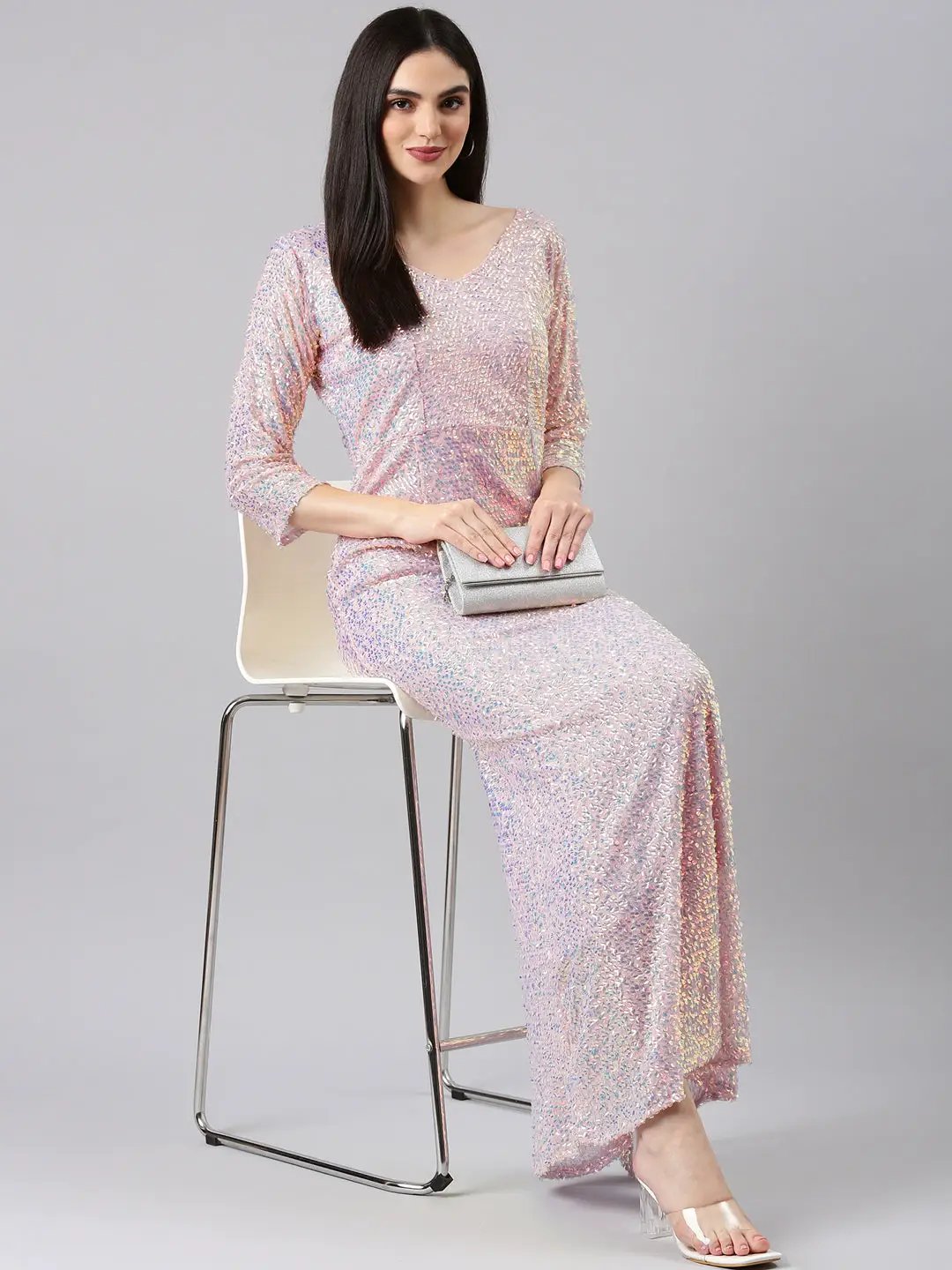 Women's Pink Embellished Sequinned Bodycon Dress