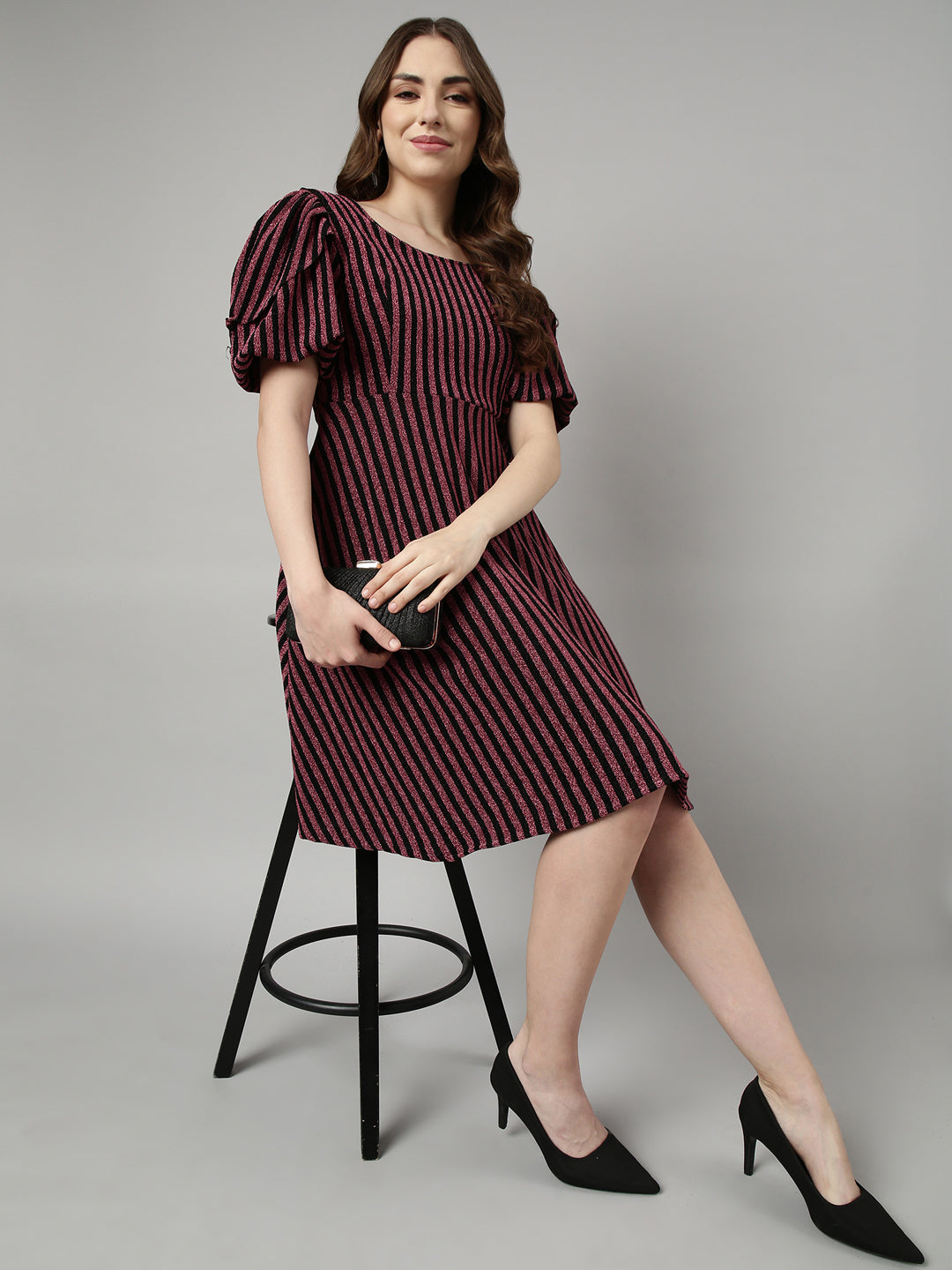 Women Pink Striped Fit and Flare Dress