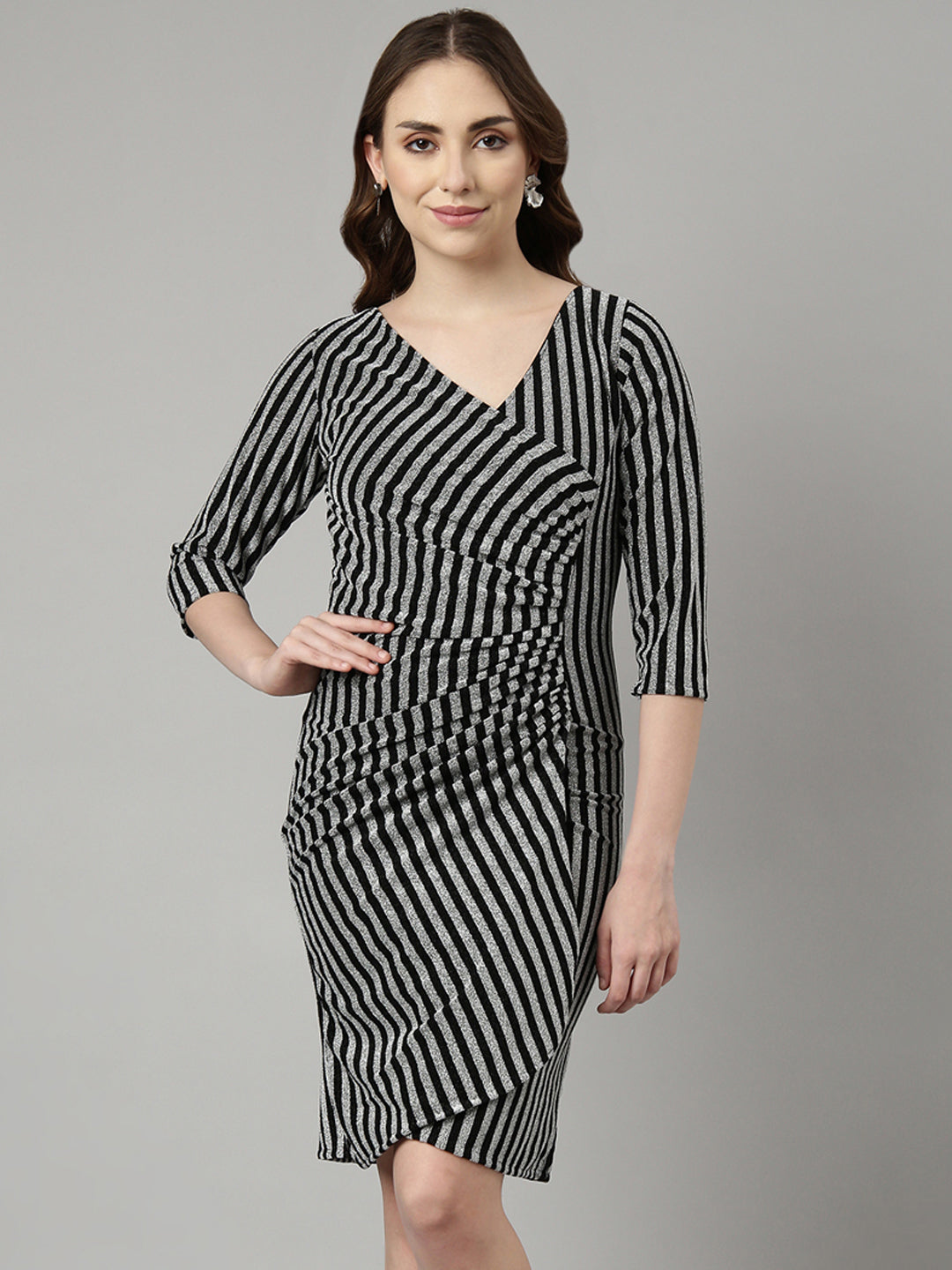 Women Grey Striped Wrap Dress