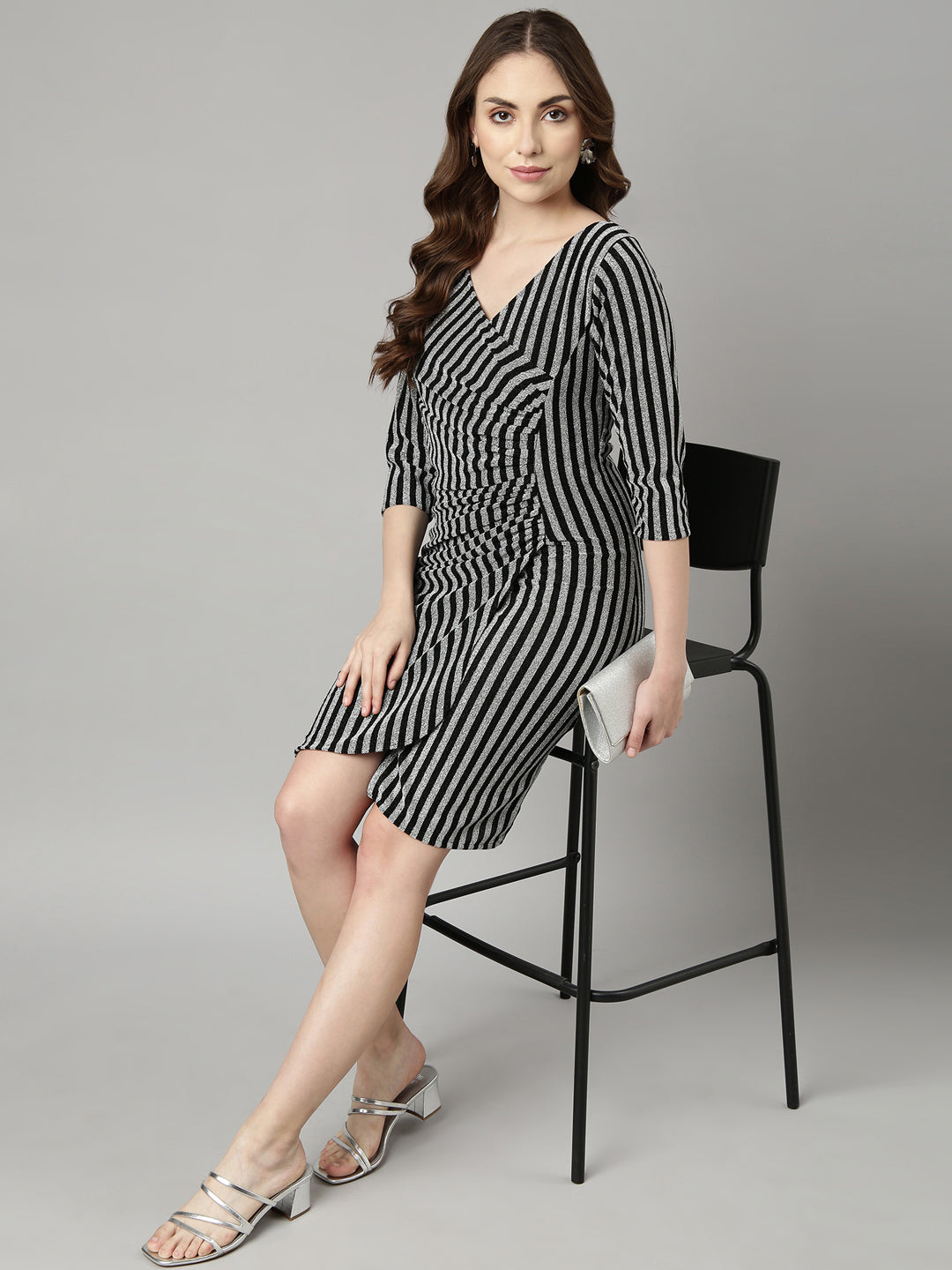 Women Grey Striped Wrap Dress