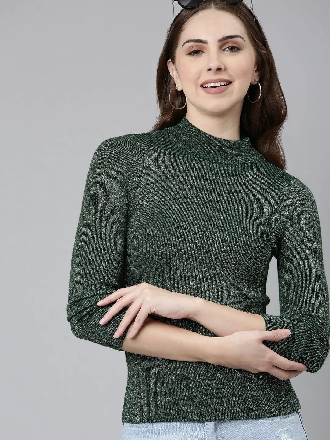 Women's High Neck Embellished Regular Sleeves Fitted Green Top