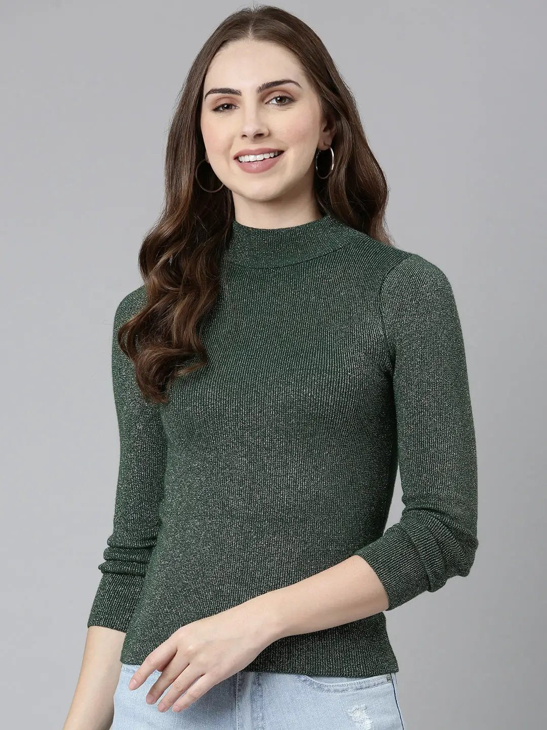 Women's High Neck Embellished Regular Sleeves Fitted Green Top