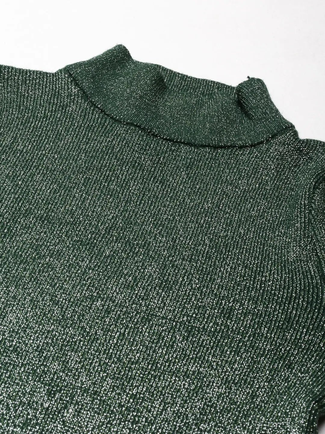 Women's High Neck Embellished Regular Sleeves Fitted Green Top