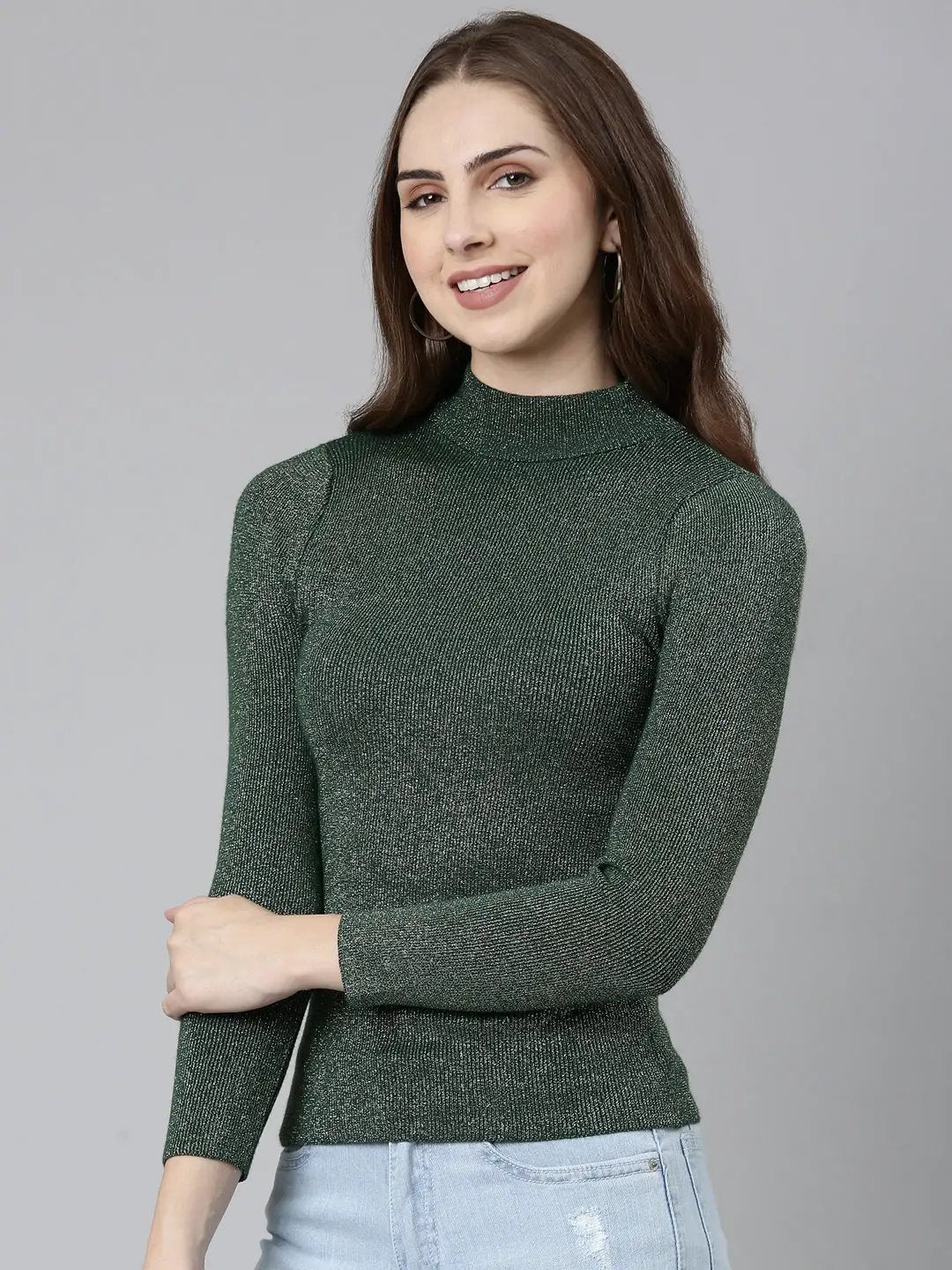 Women's High Neck Embellished Regular Sleeves Fitted Green Top