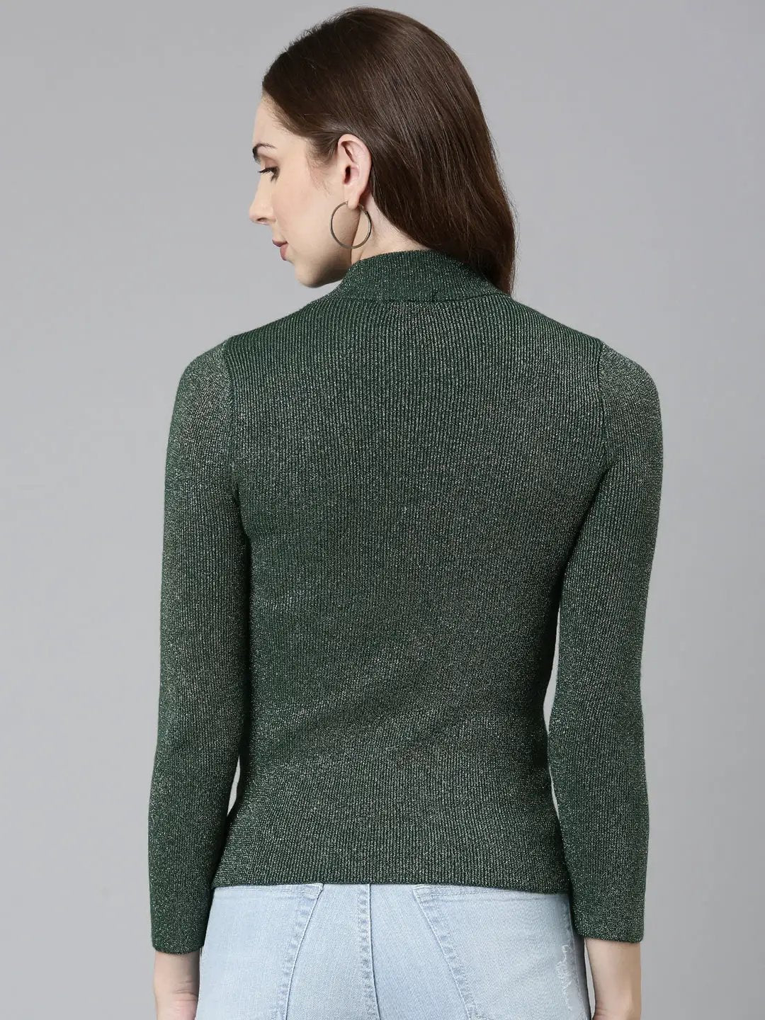 Women's High Neck Embellished Regular Sleeves Fitted Green Top