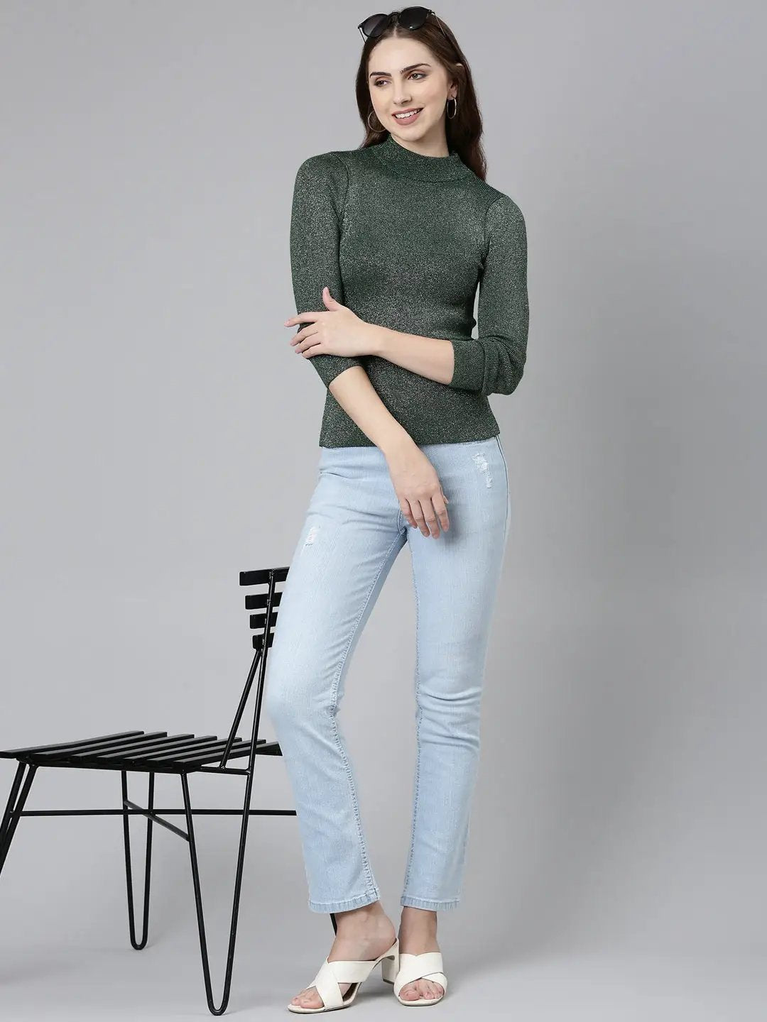 Women's High Neck Embellished Regular Sleeves Fitted Green Top