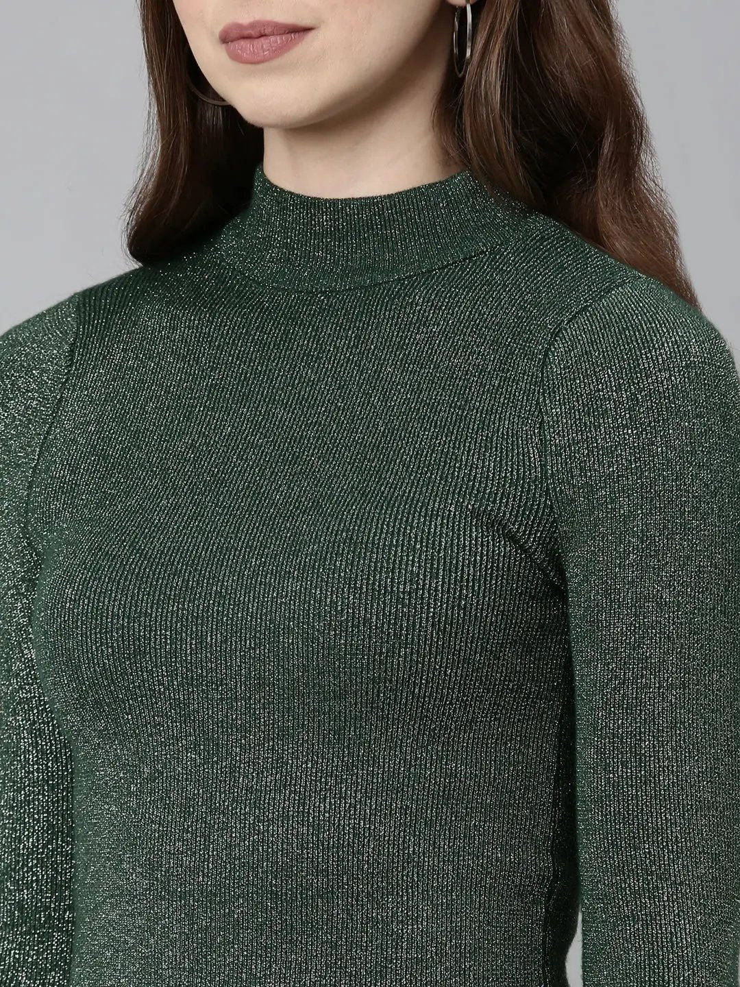 Women's High Neck Embellished Regular Sleeves Fitted Green Top