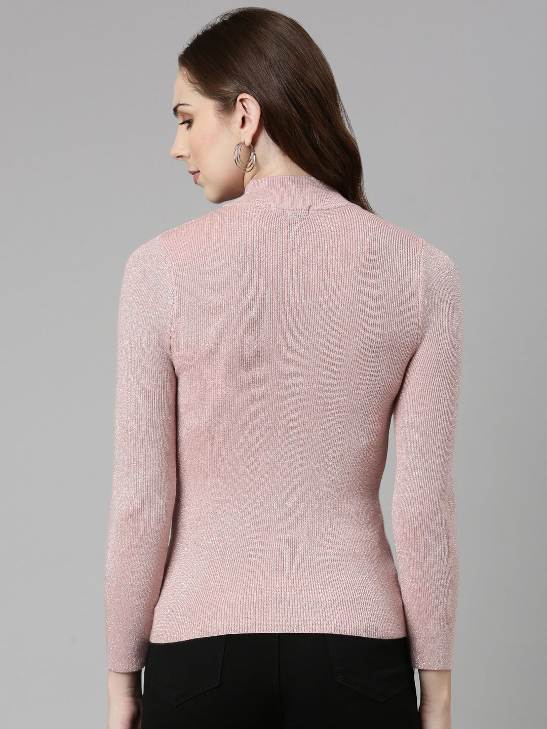 Women High Neck Embellished Regular Sleeves Fitted Pink Top