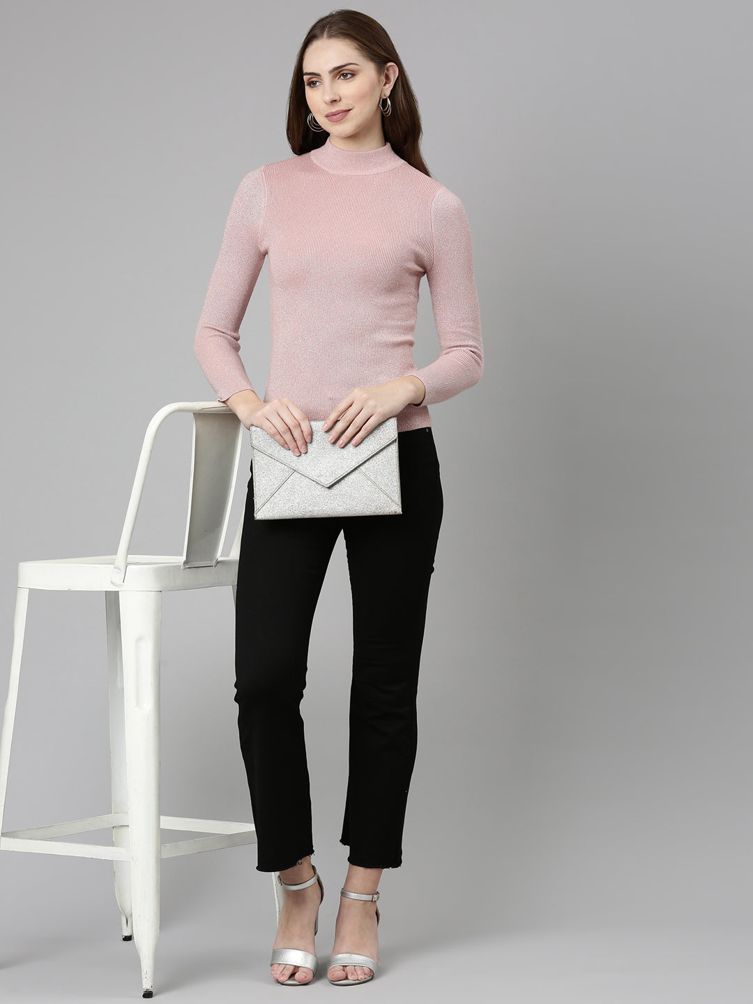 Women High Neck Embellished Regular Sleeves Fitted Pink Top