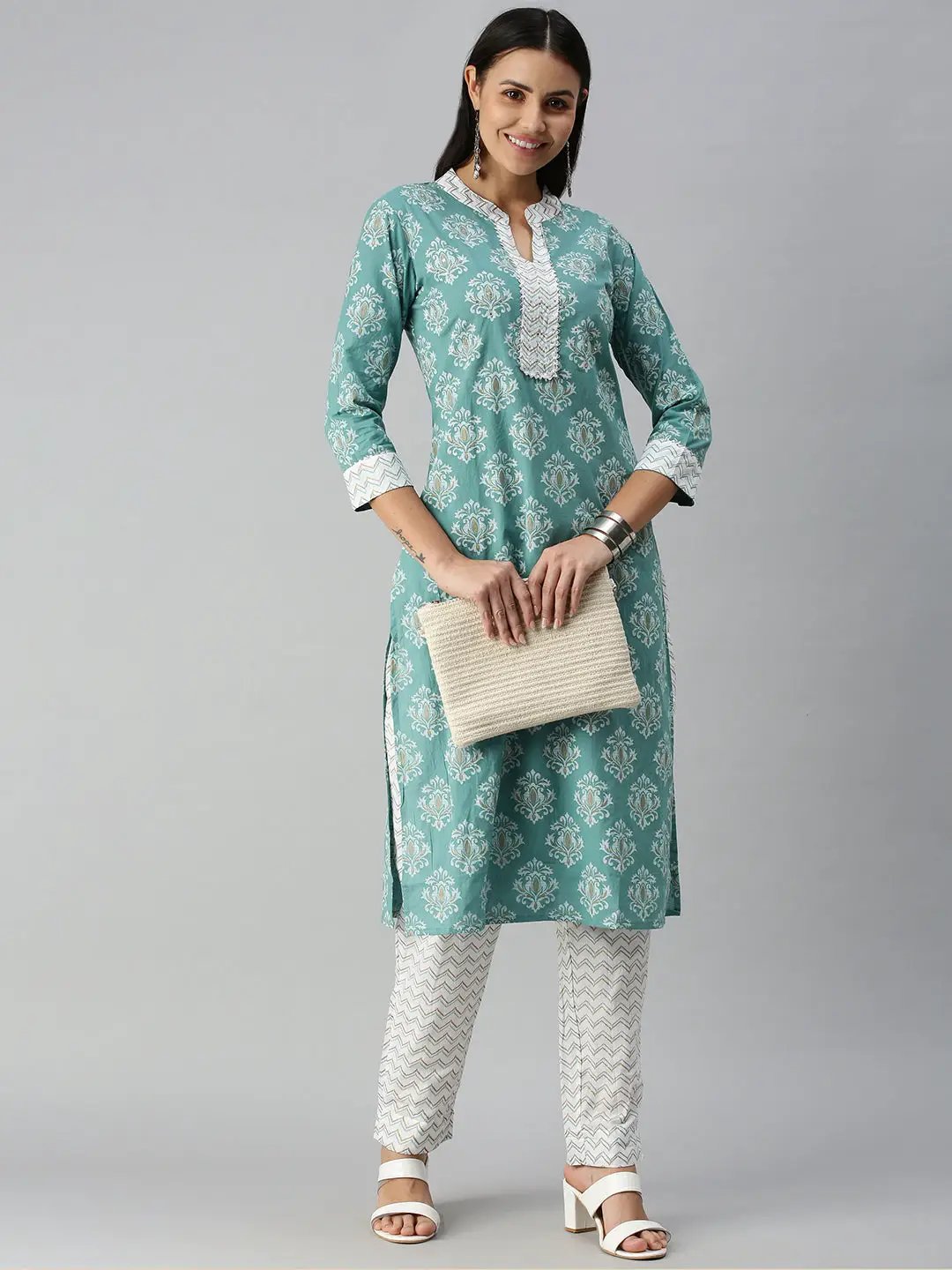Women's Teal Off White Chevron Kurta Sets
