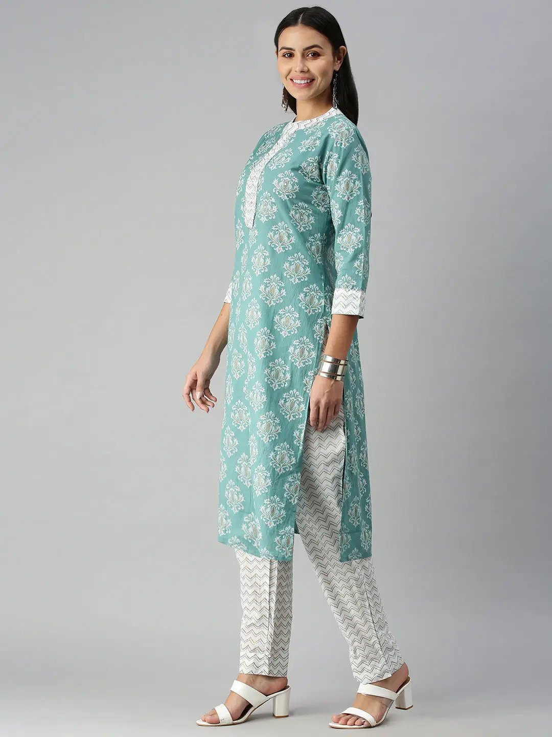 Women's Teal Off White Chevron Kurta Sets