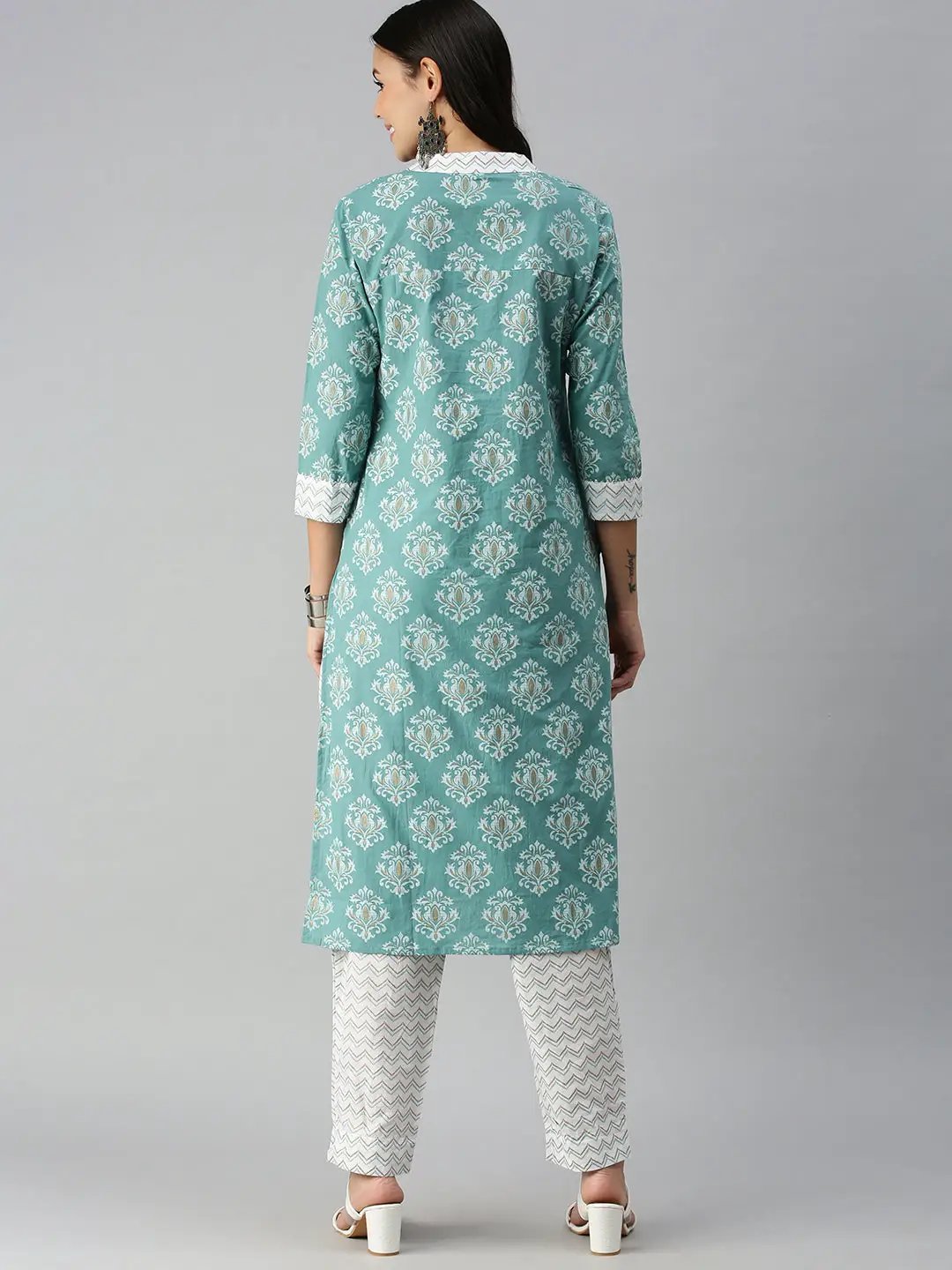Women's Teal Off White Chevron Kurta Sets