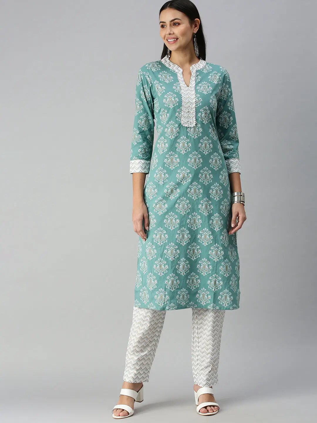 Women's Teal Off White Chevron Kurta Sets
