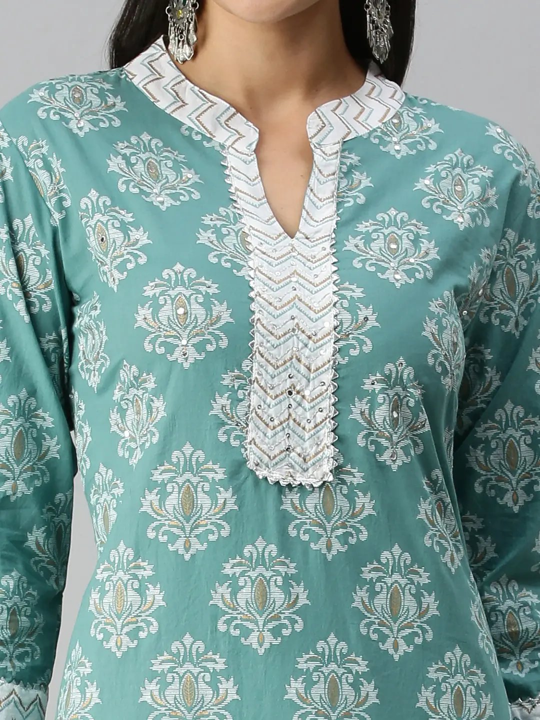 Women's Teal Off White Chevron Kurta Sets