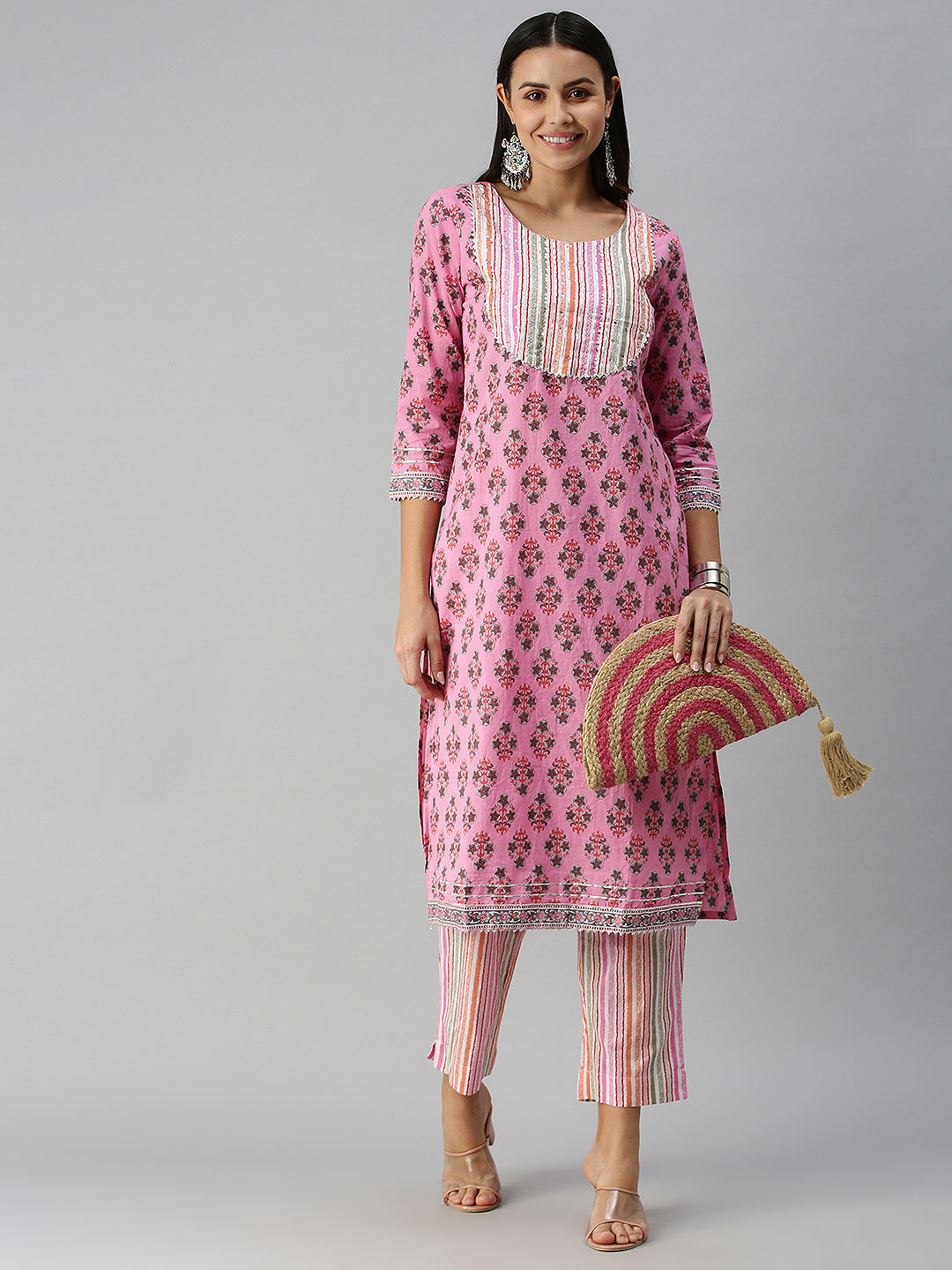 Women's Pink Striped Kurta Sets