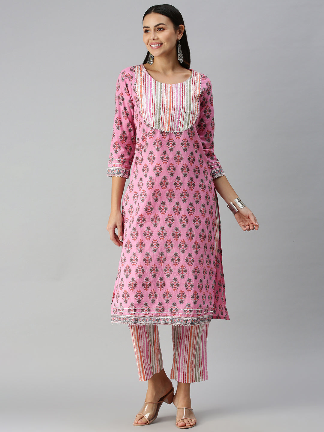 Women's Pink Striped Kurta Sets