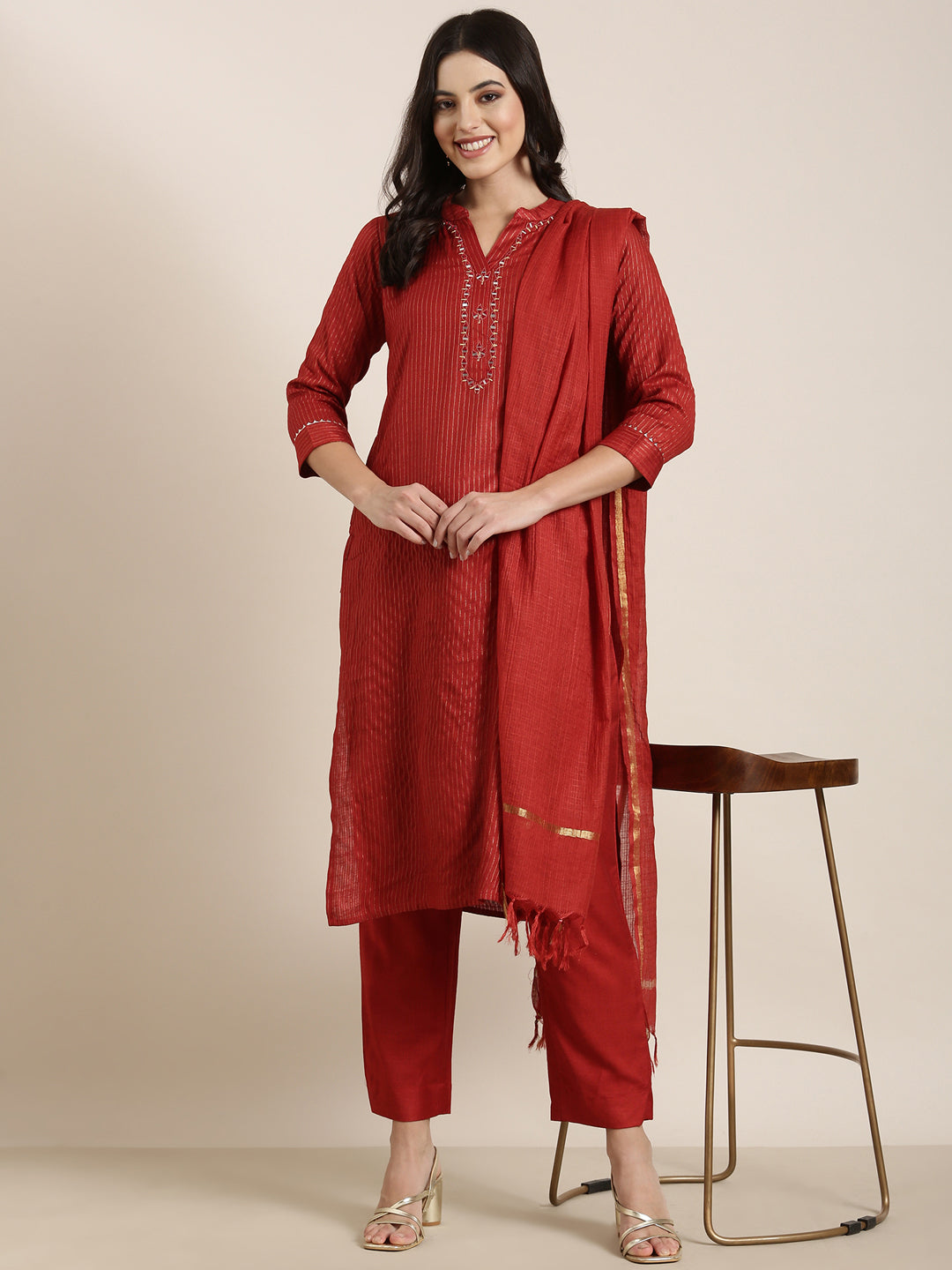 Women Straight Red Striped Kurta and Trousers Set Comes With Dupatta