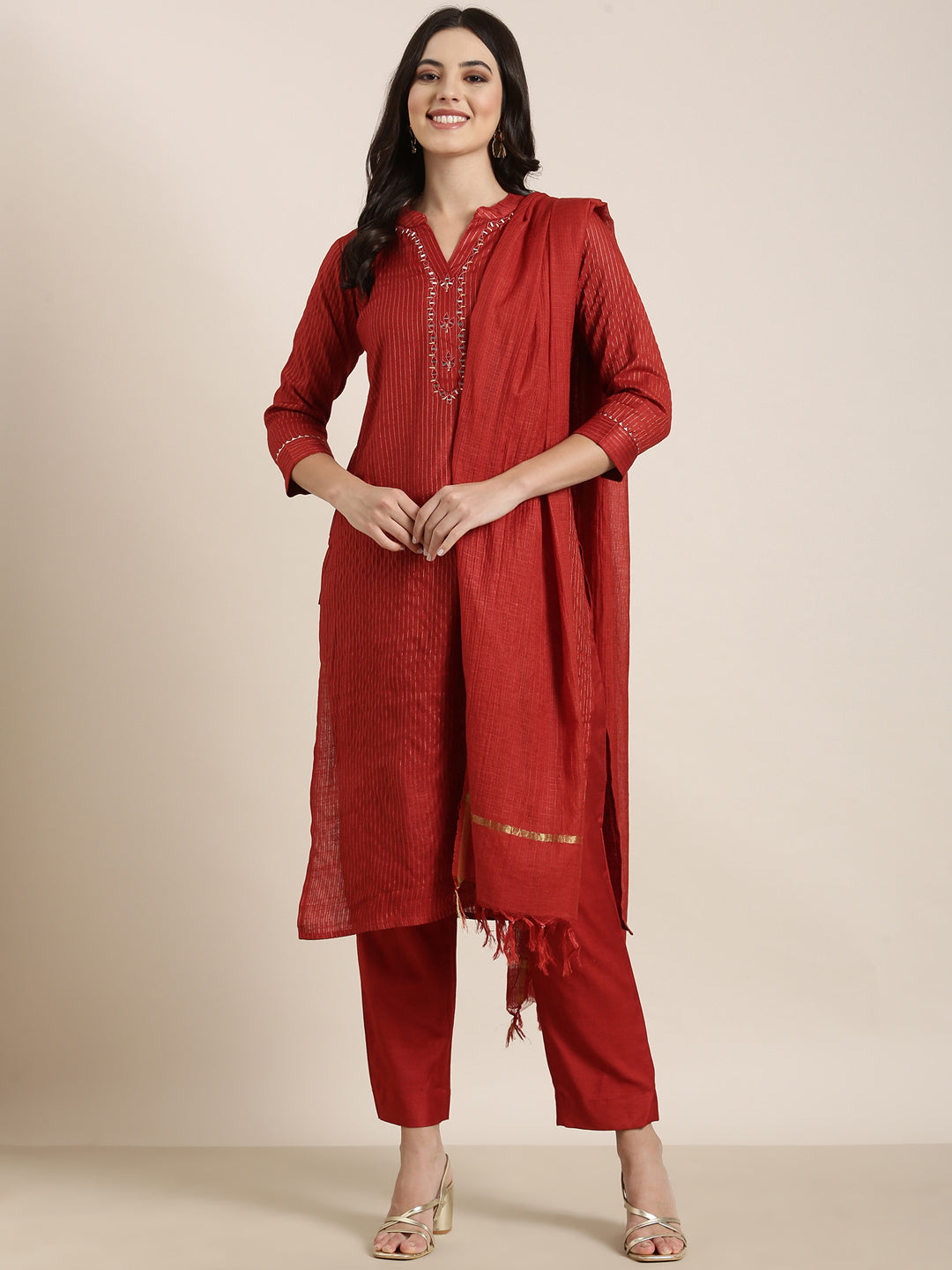 Women Straight Red Striped Kurta and Trousers Set Comes With Dupatta