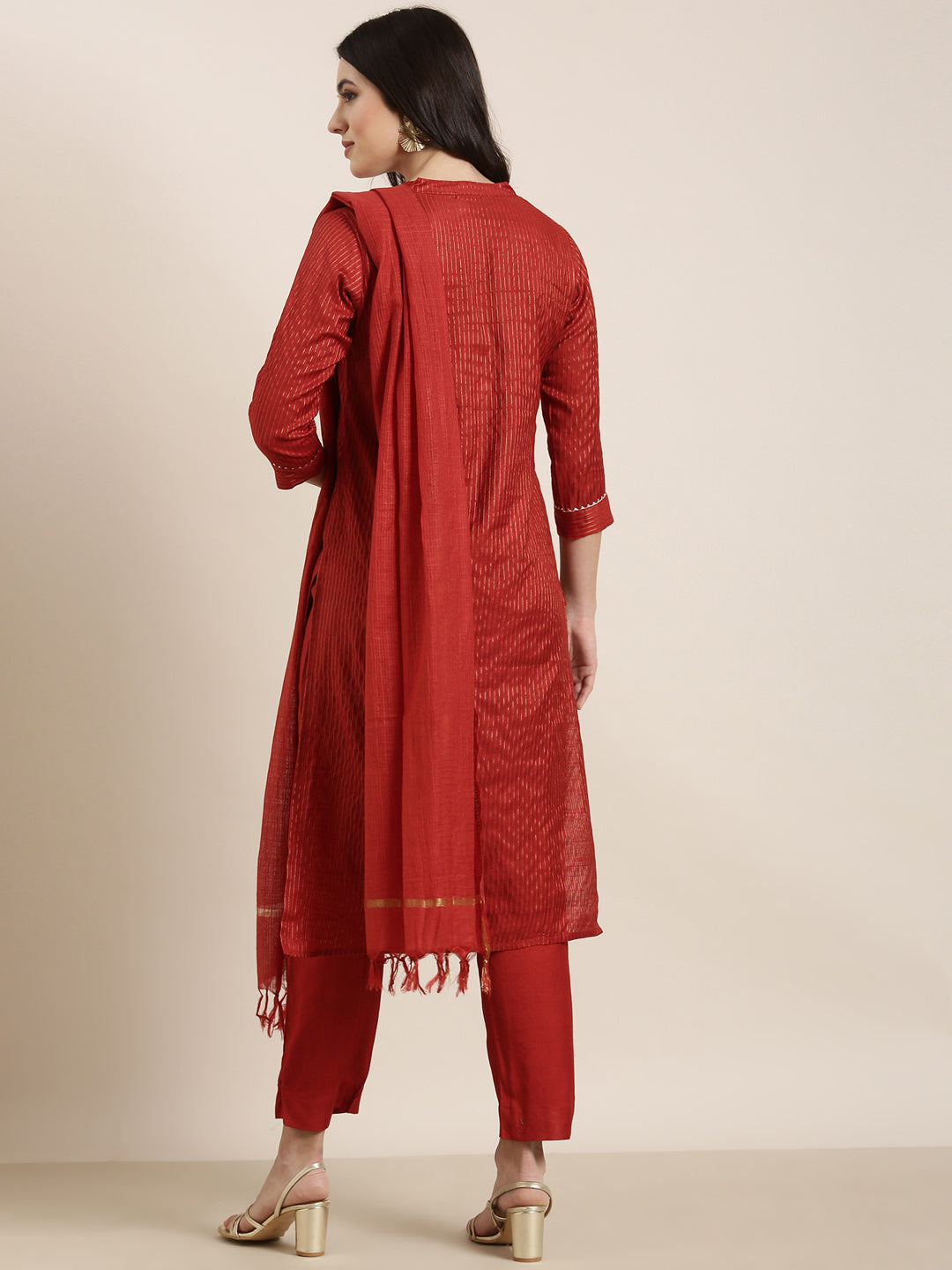 Women Straight Red Striped Kurta and Trousers Set Comes With Dupatta