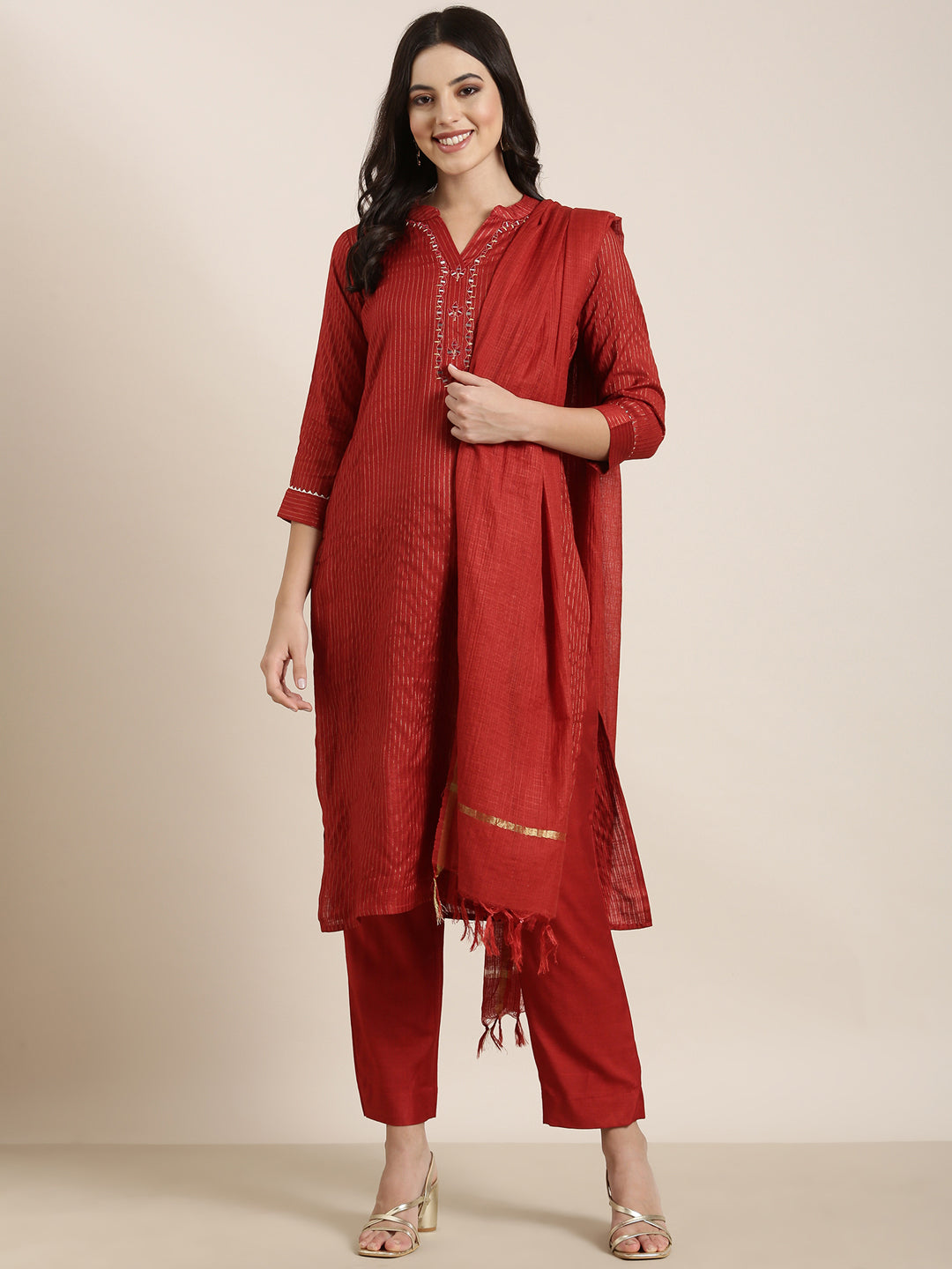 Women Straight Red Striped Kurta and Trousers Set Comes With Dupatta