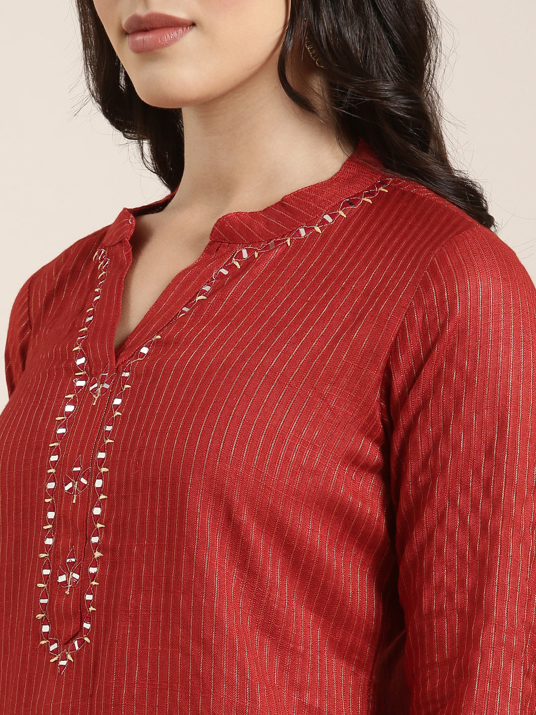 Women Straight Red Striped Kurta and Trousers Set Comes With Dupatta