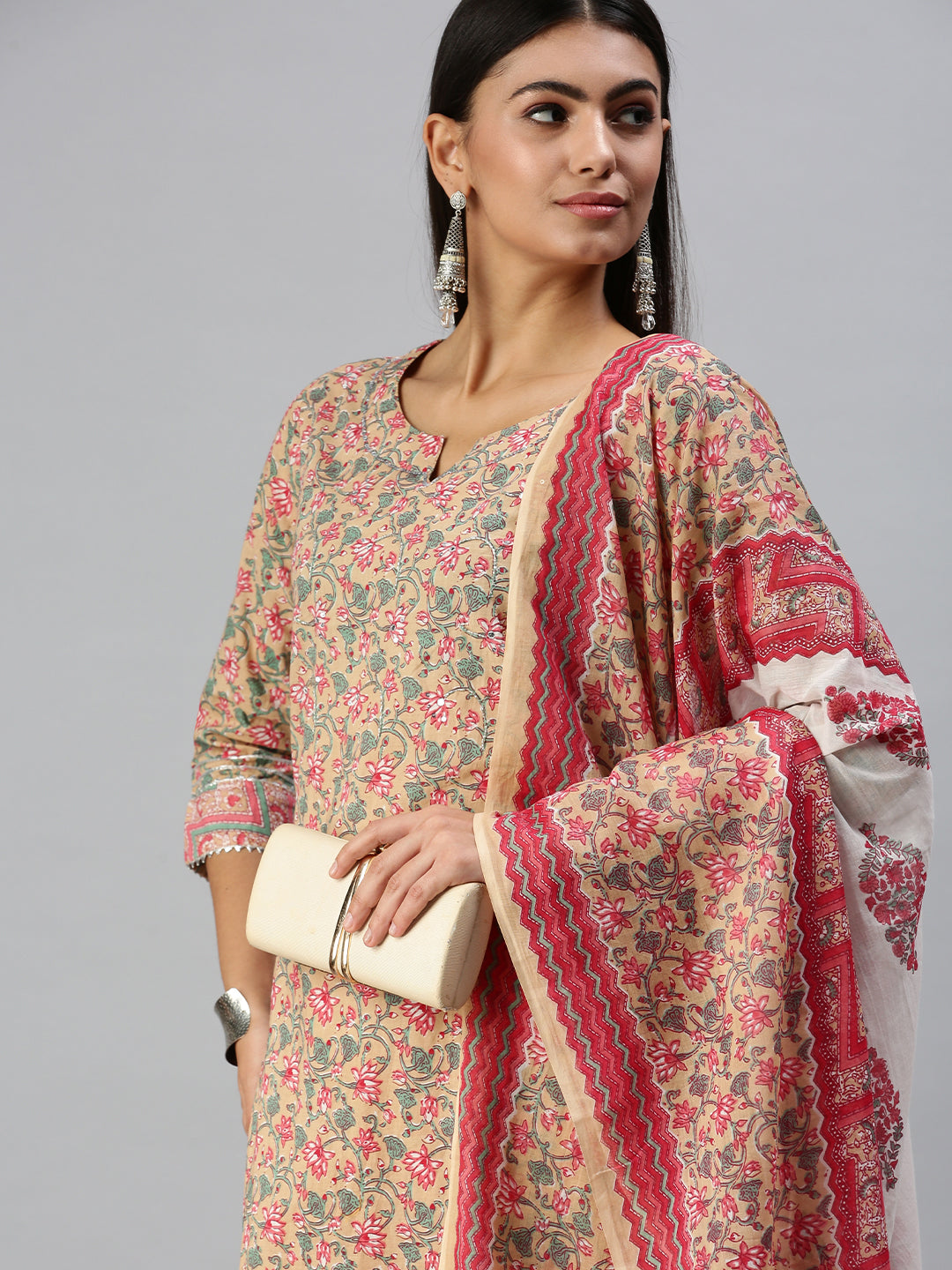 Women's Beige Printed Kurta Sets