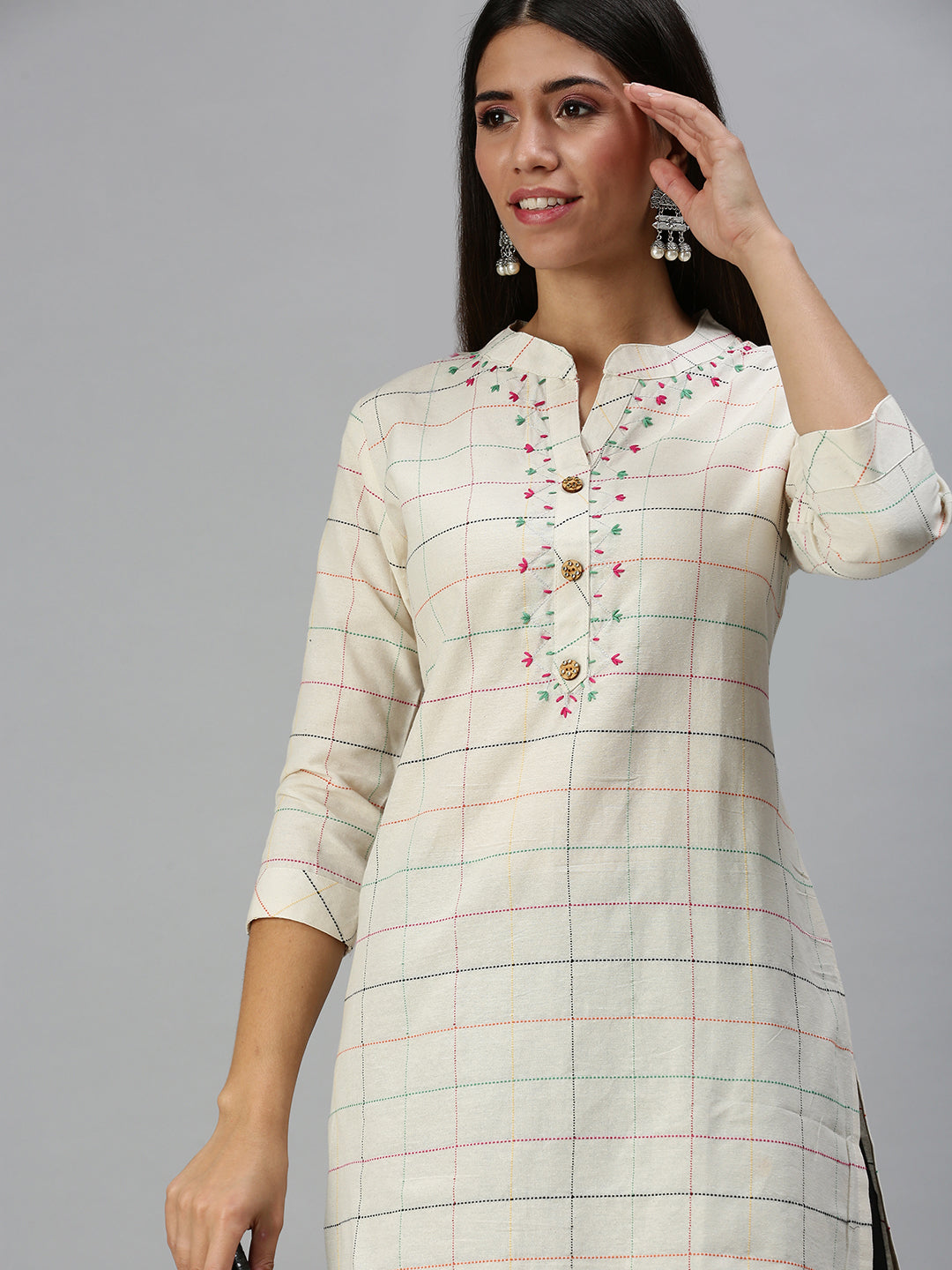 Women's Beige Checked Straight Kurta