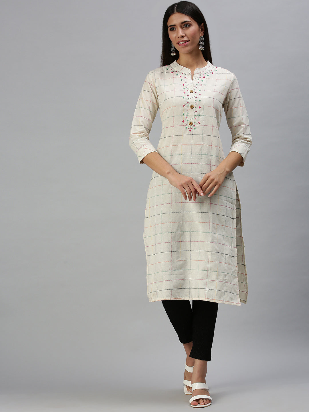 Women's Beige Checked Straight Kurta