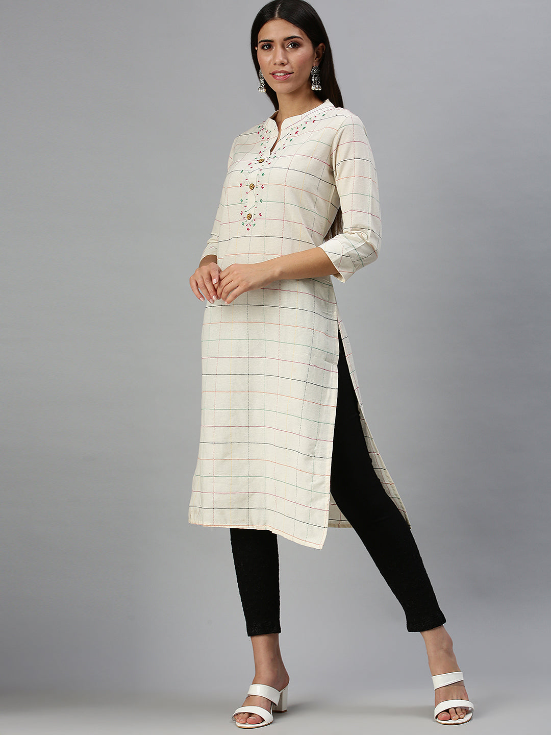 Women's Beige Checked Straight Kurta