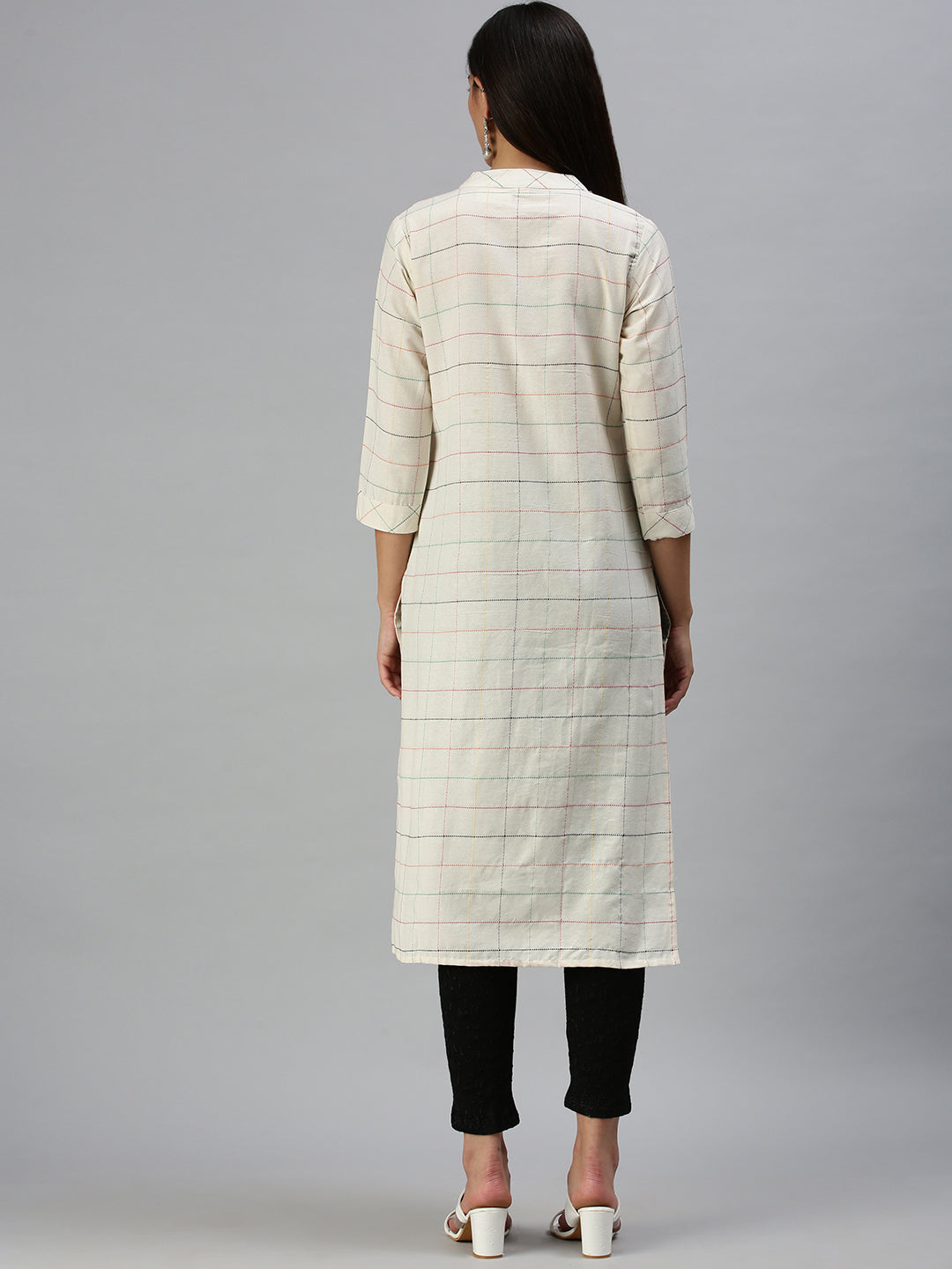 Women's Beige Checked Straight Kurta