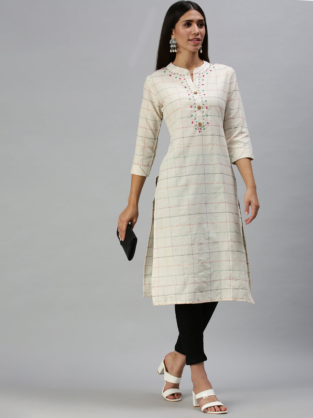 Women's Beige Checked Straight Kurta