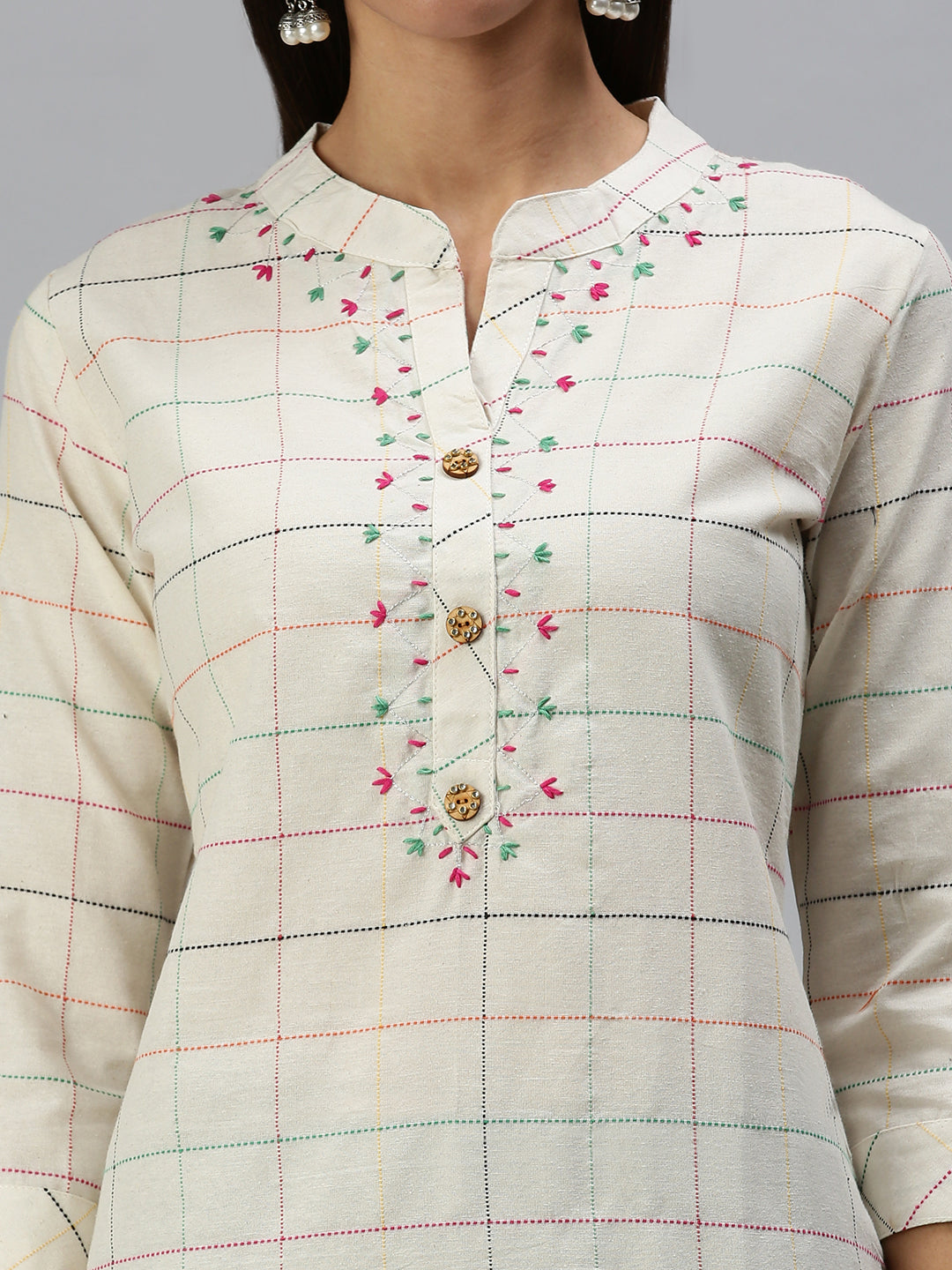 Women's Beige Checked Straight Kurta