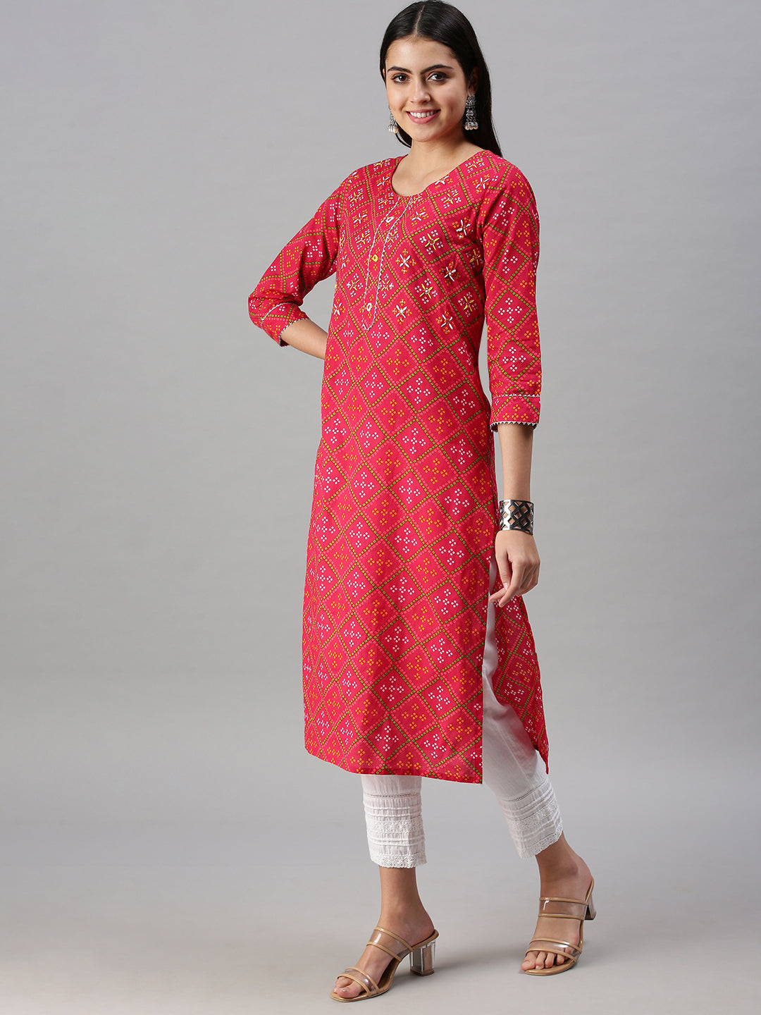 Women's Pink Printed straight Kurta