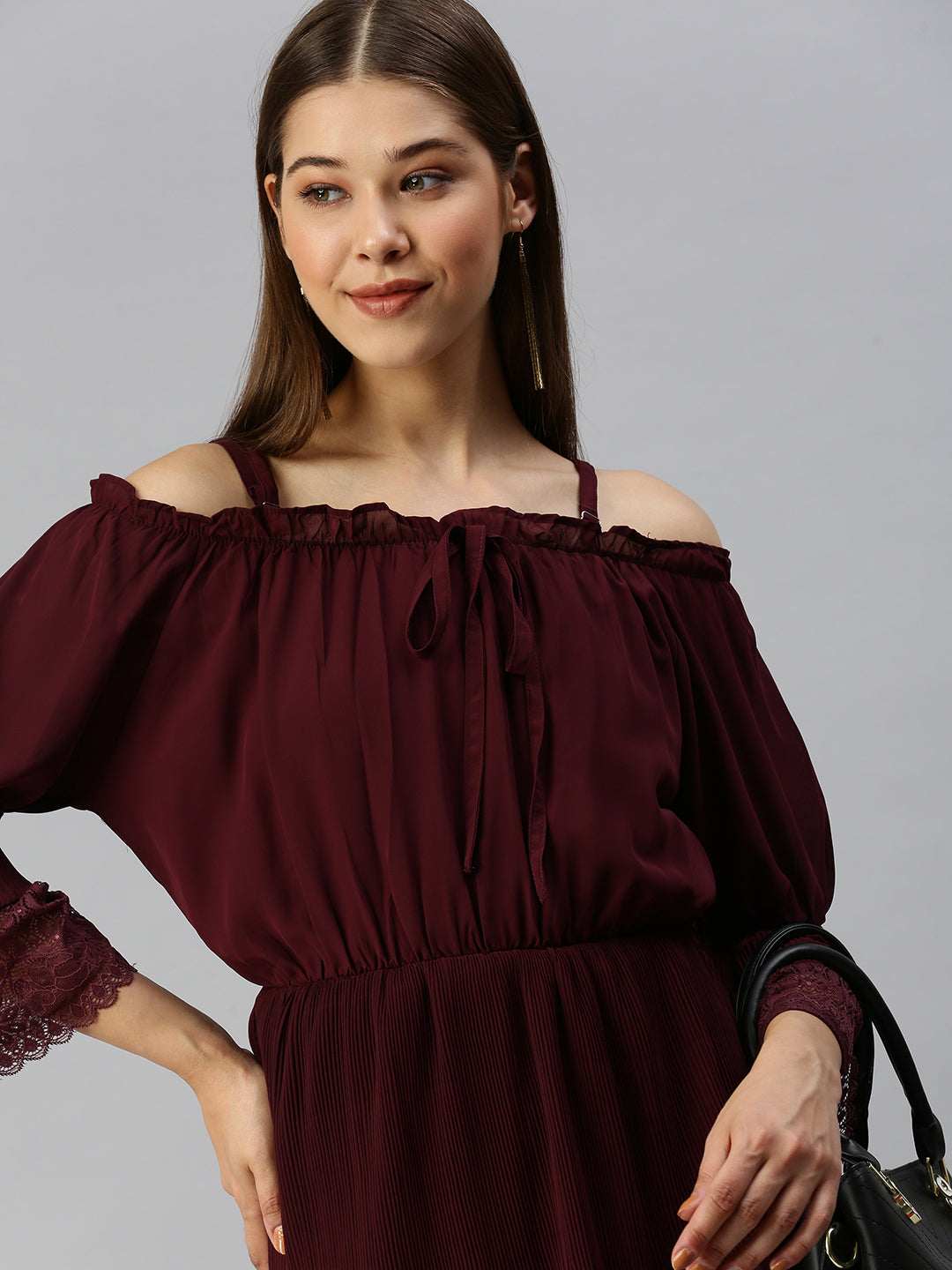 Women Maroon Solid Fit and Flare Dress