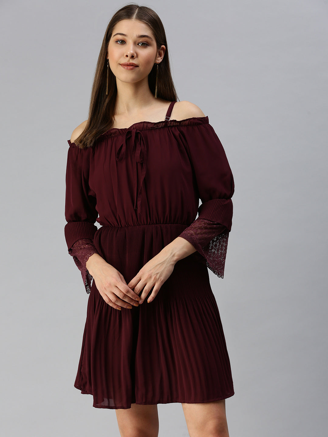 Women Maroon Solid Fit and Flare Dress