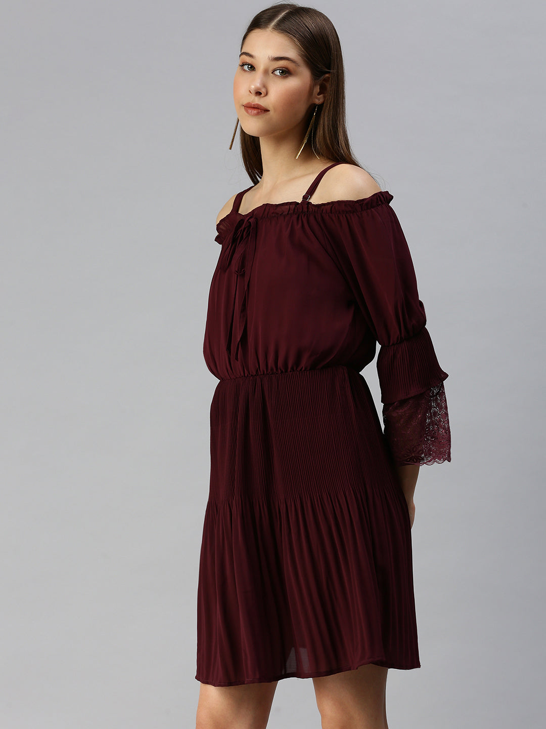 Women Maroon Solid Fit and Flare Dress