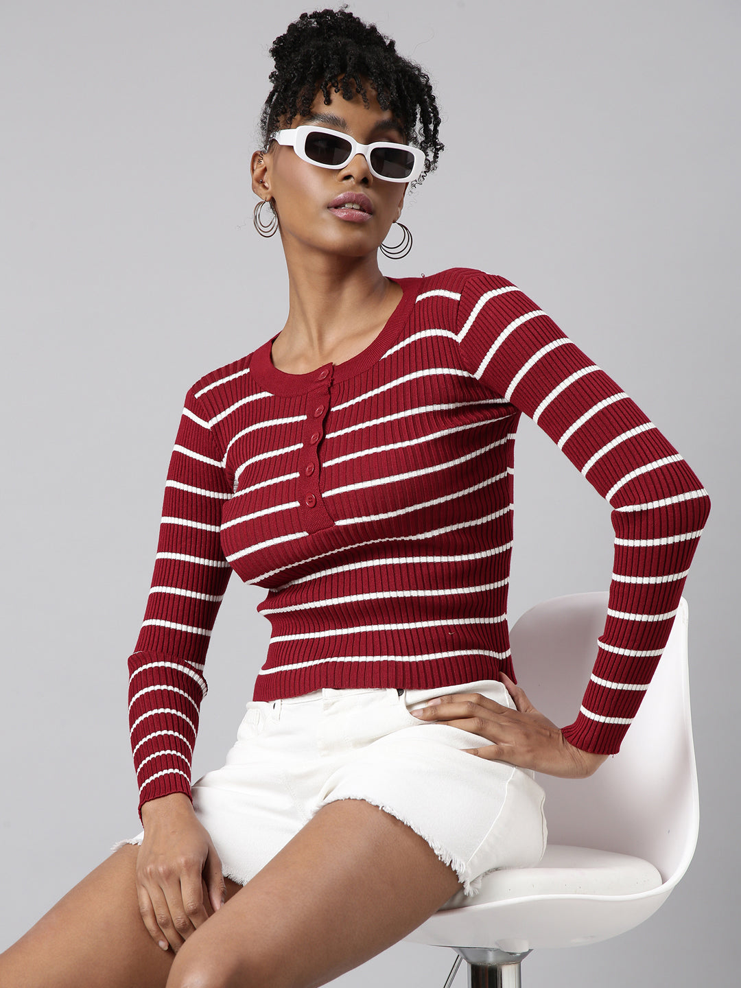 Women's Maroon Horizontal Stripes Top