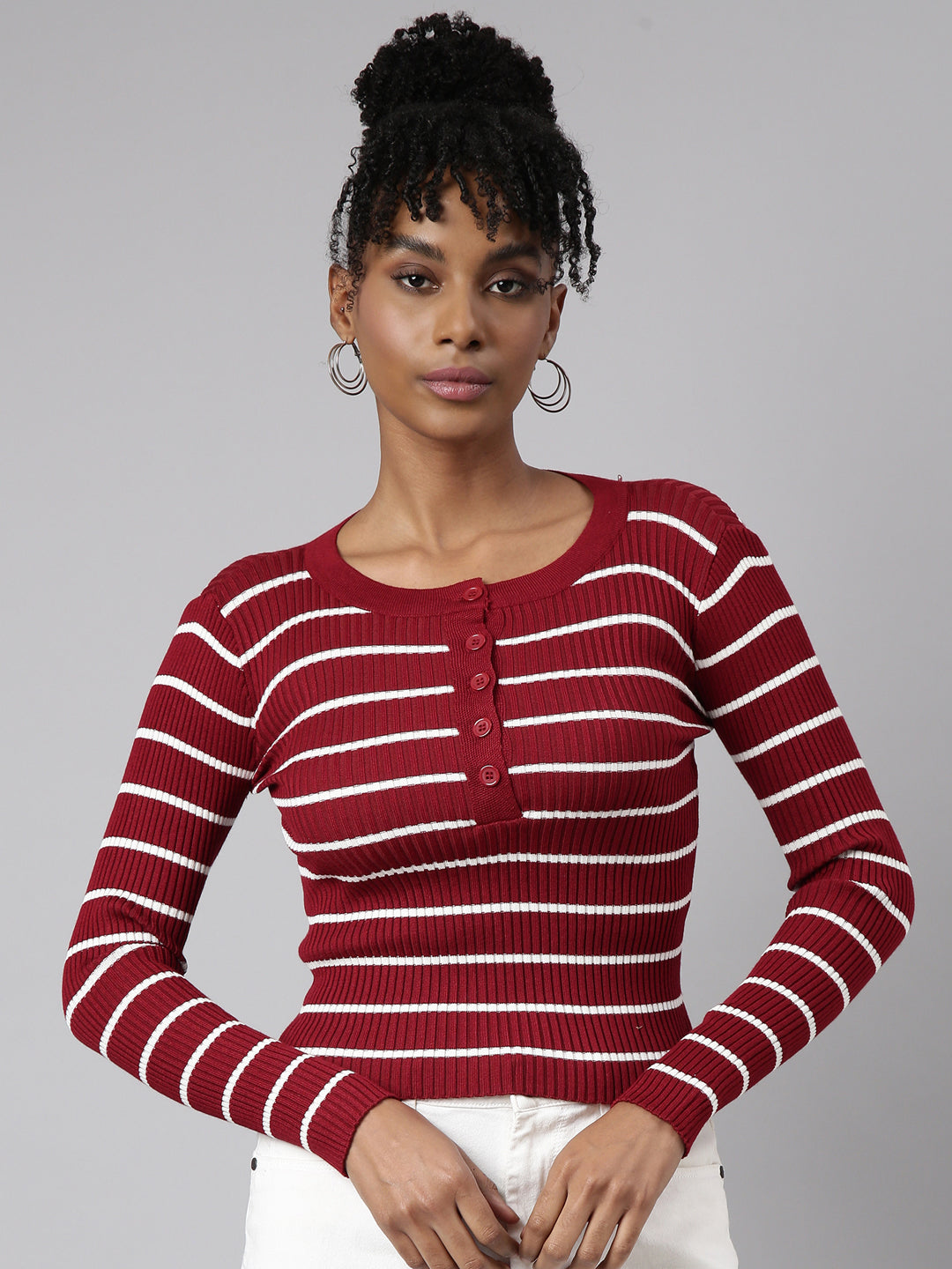 Women's Maroon Horizontal Stripes Top