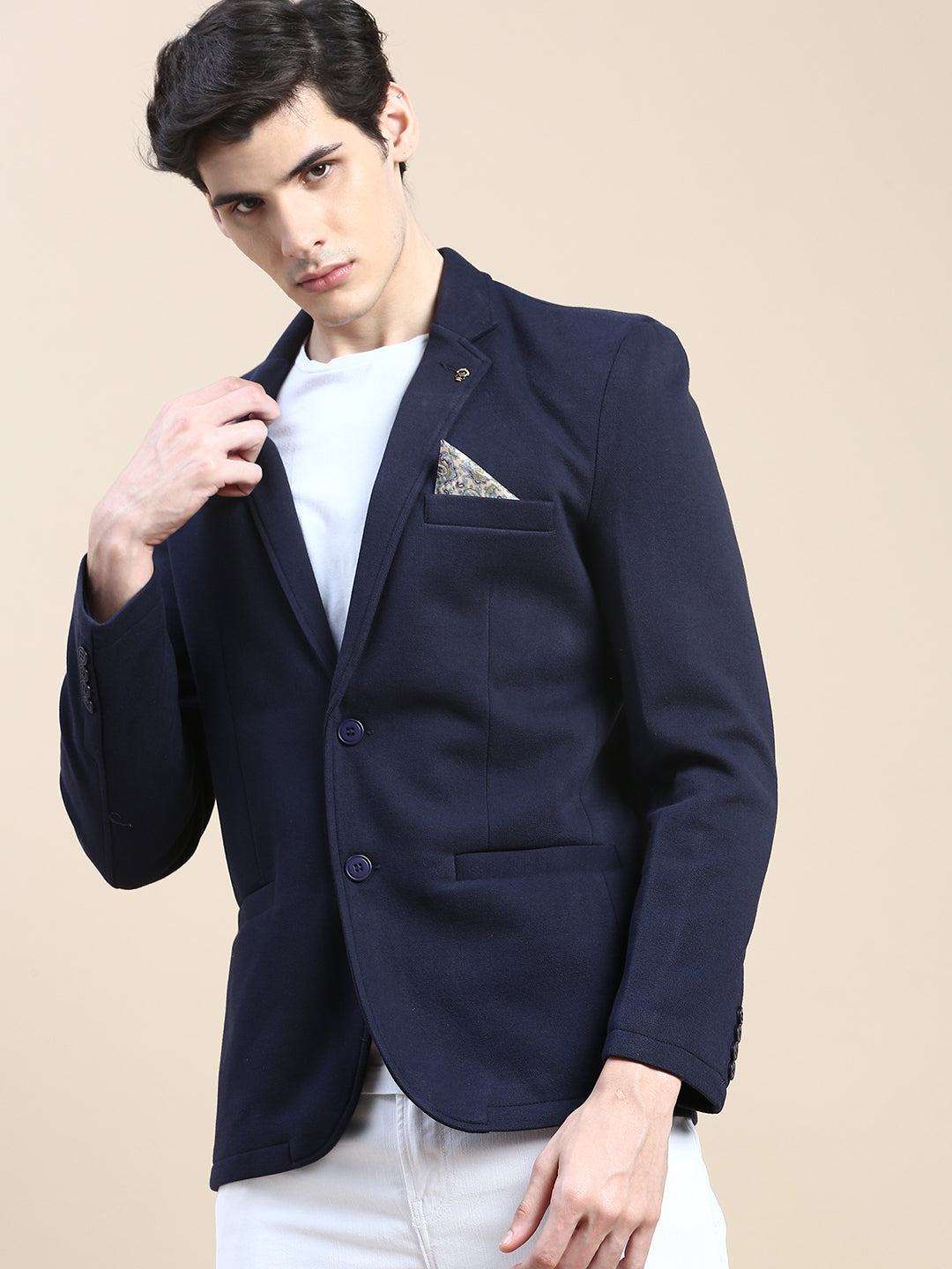 Men Navy Solid Casual Blazers