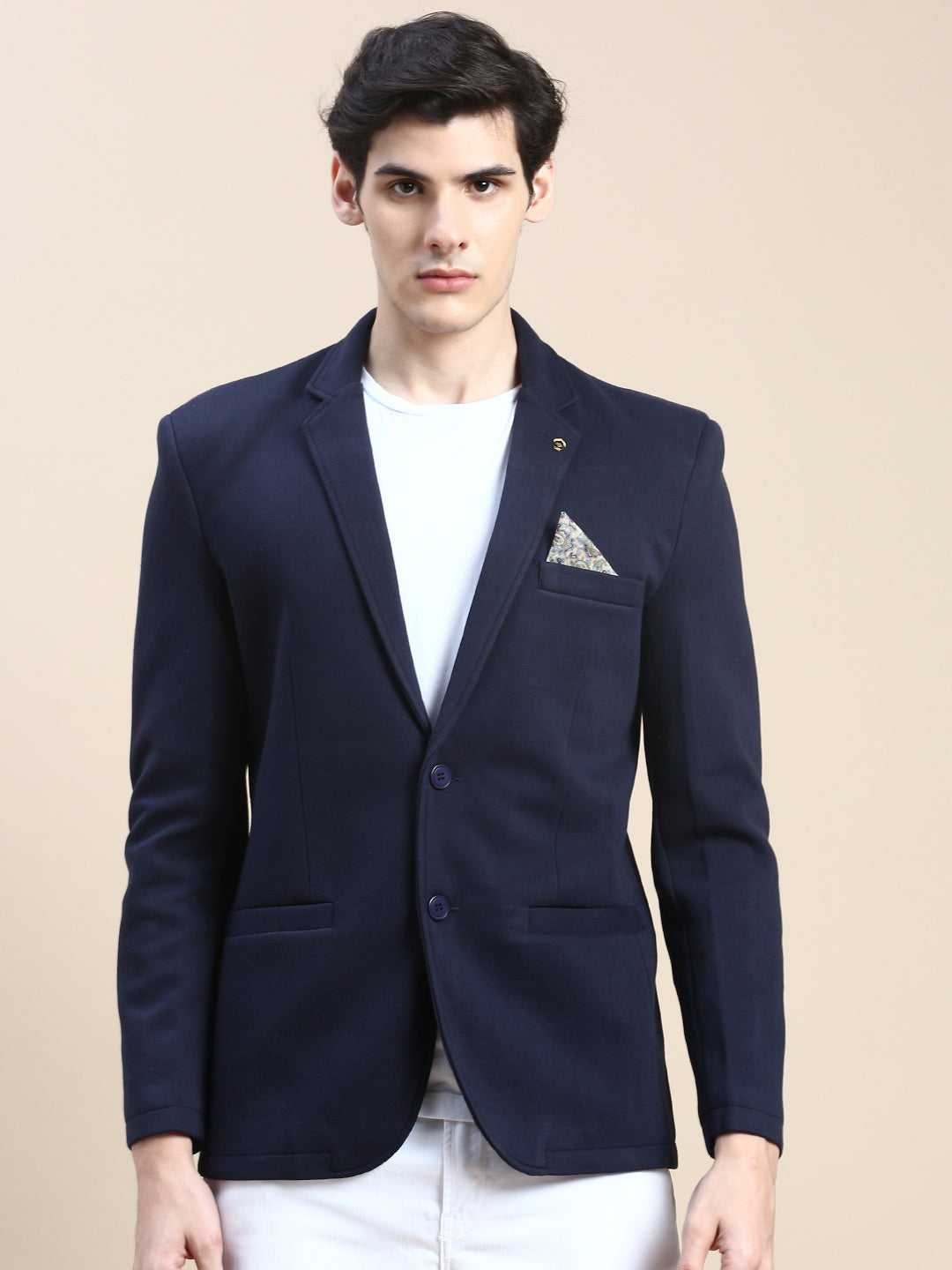 Men Navy Solid Casual Blazers